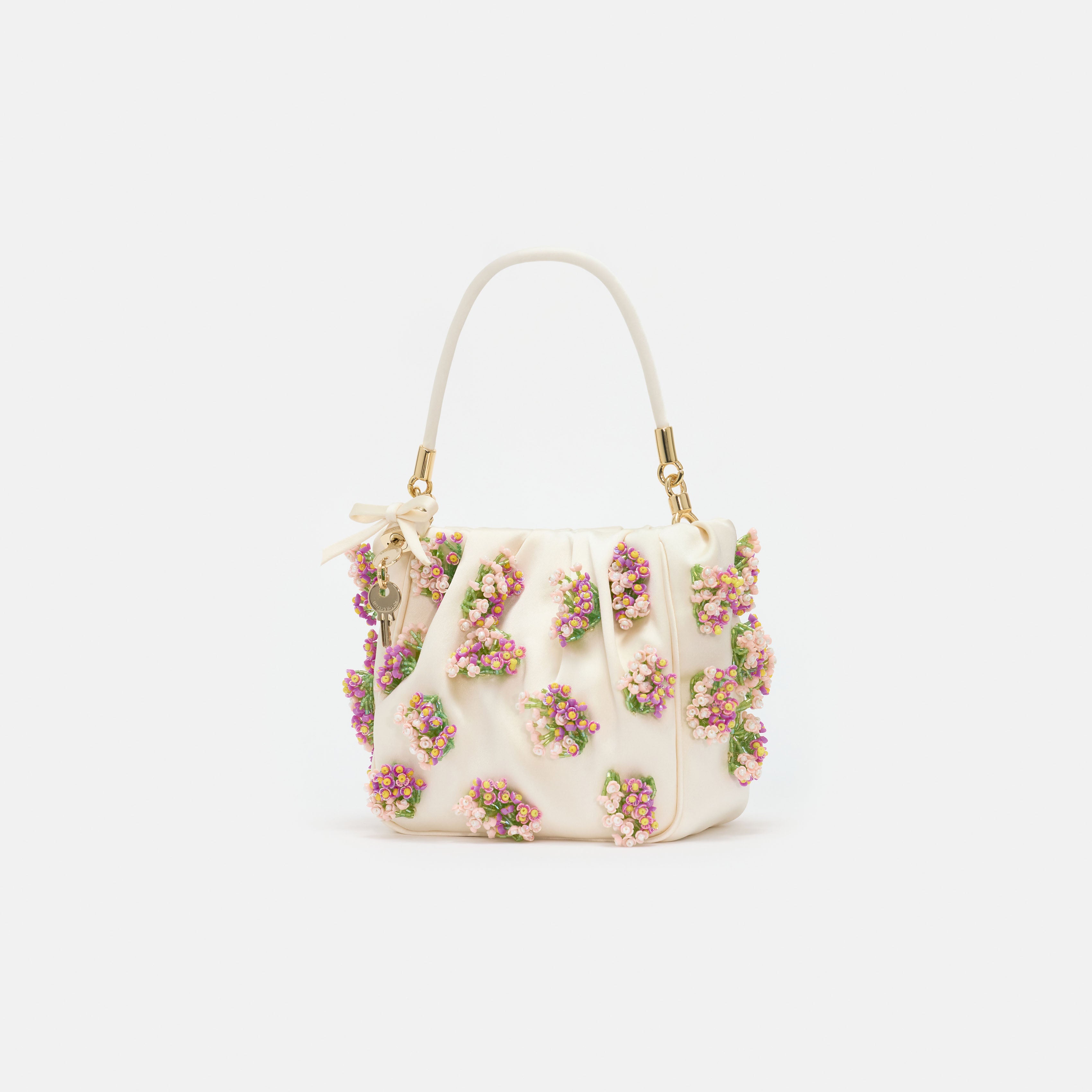 Self Portrait Floral Beaded Tote Bag Satin Creme One Size