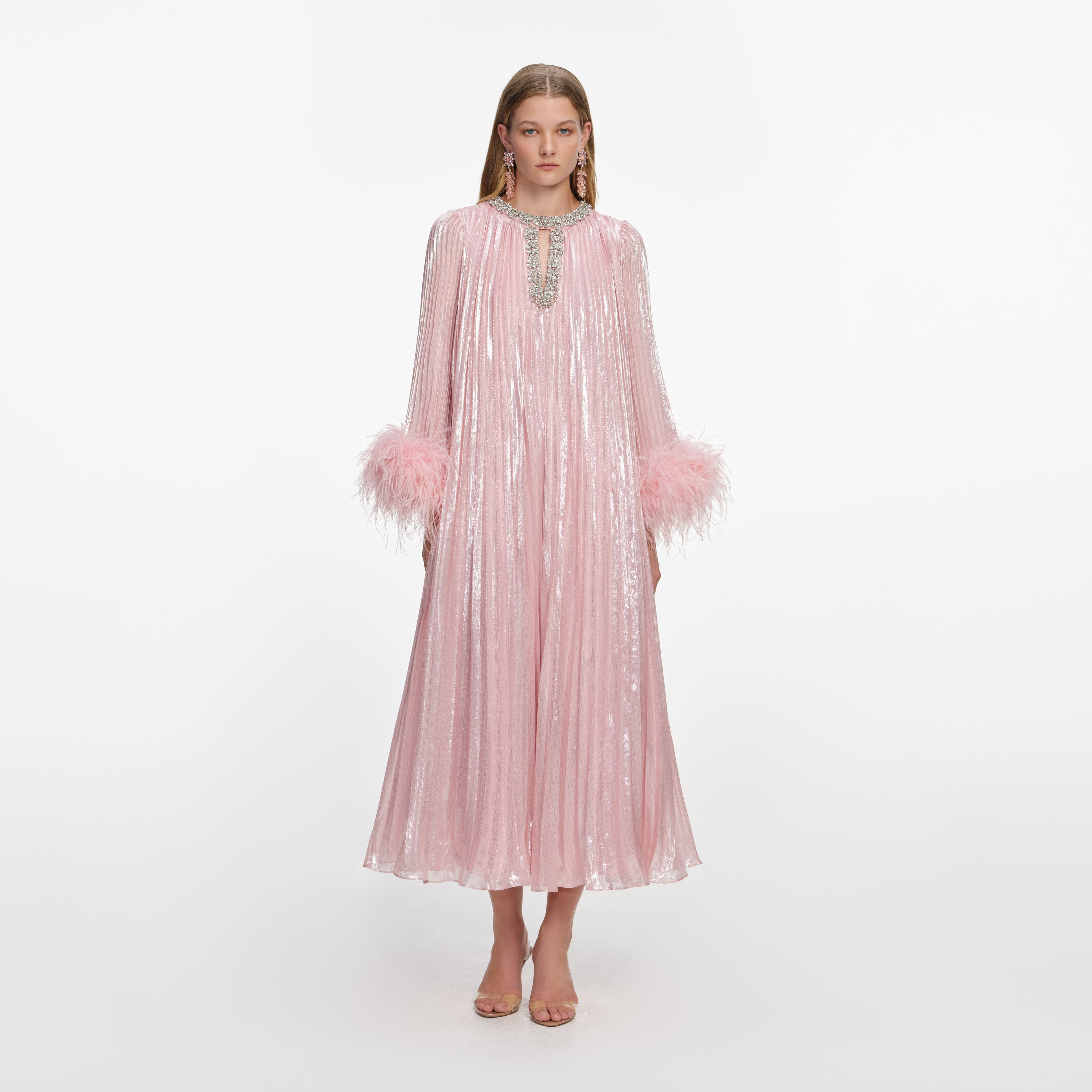 Self Portrait Pink Metallic Chiffon Midi Kleid Feder