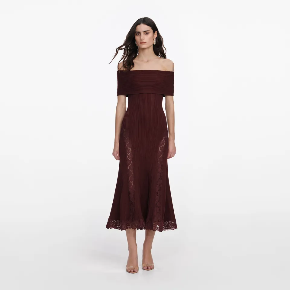 Self Portrait Dresses Burgundy Knit Midi Dress Bordeaux Spitze
