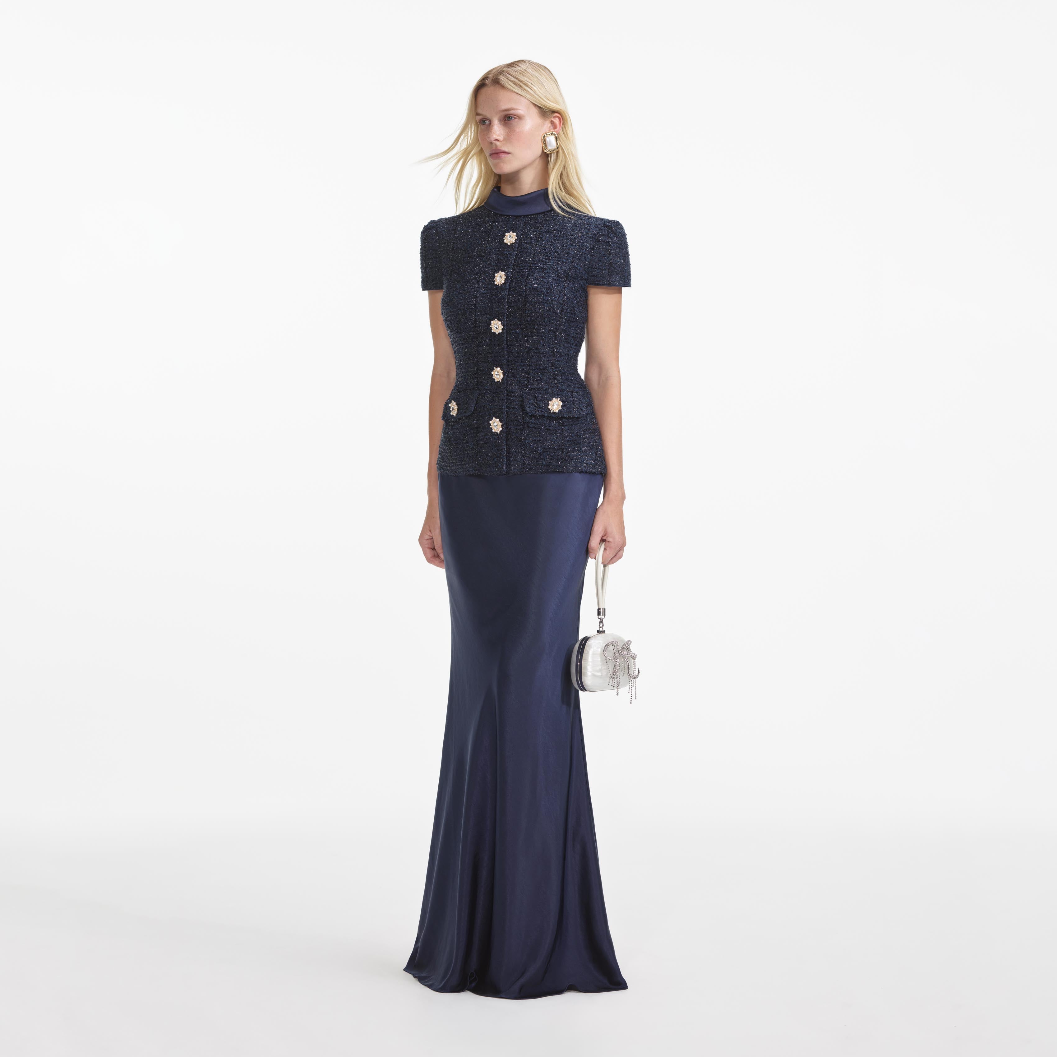 Self Portrait Navy Metallic Boucle Maxikleid Navy Metallic