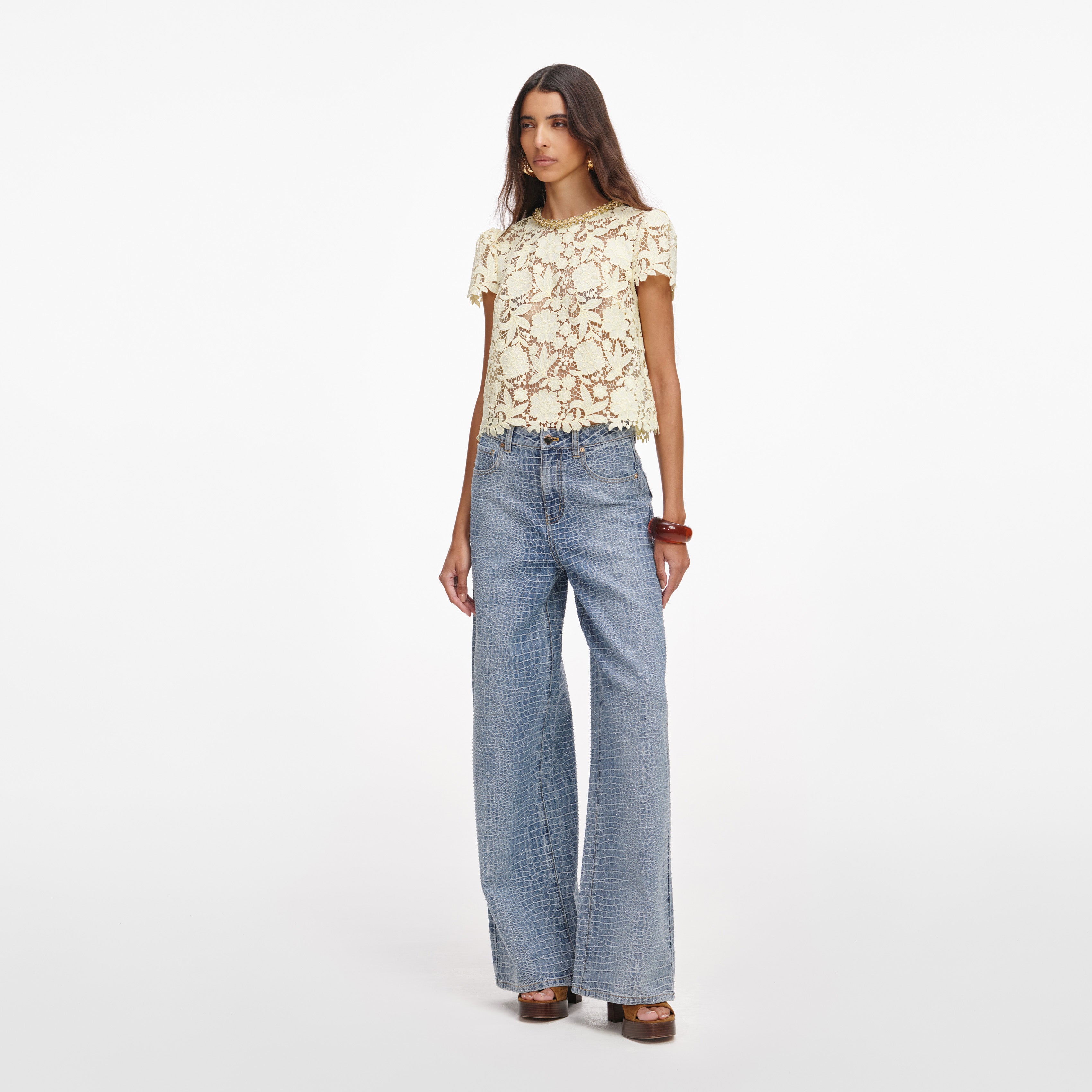 Self Portrait Yellow Lace Top Gelb Rundhals Spitze