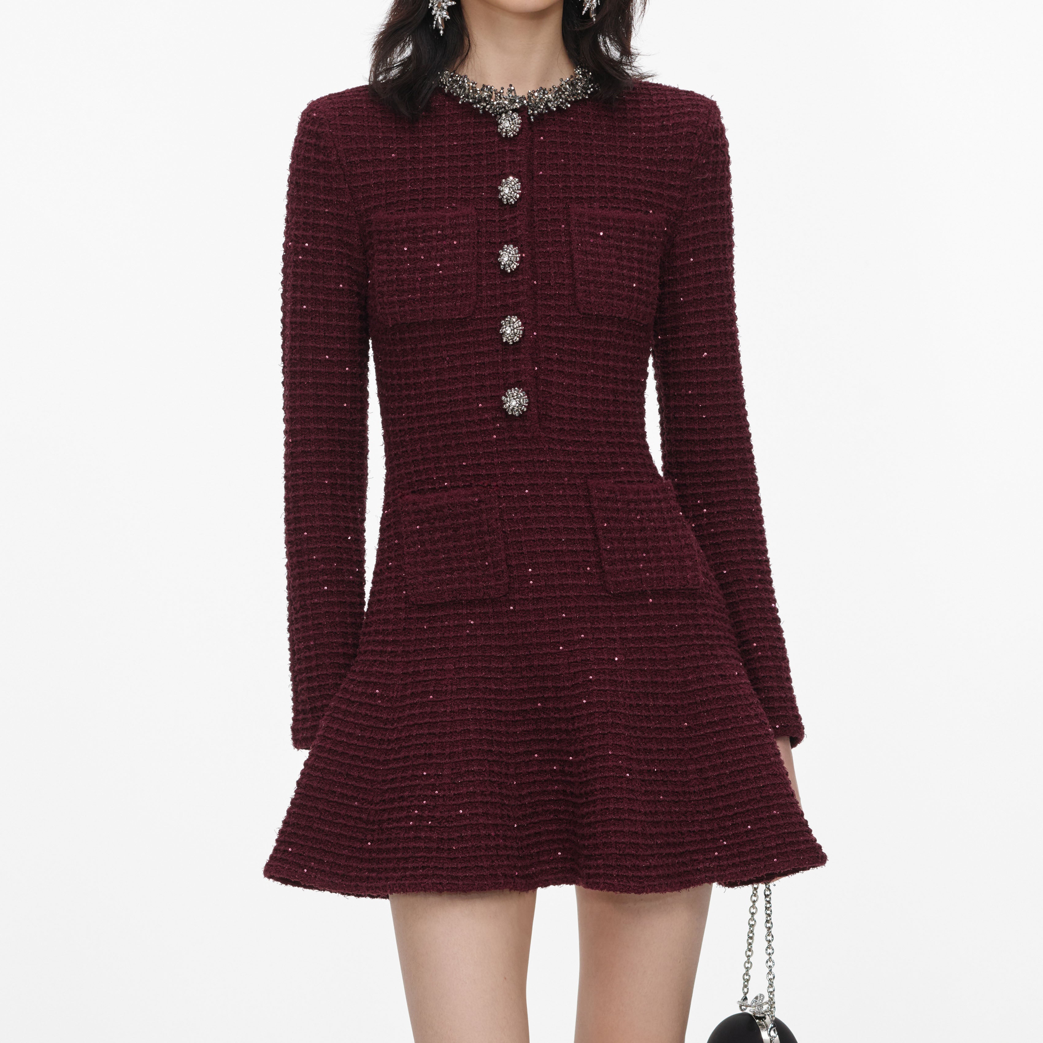 Self Portrait Burgundy Knit Embellished Minikleid Bordeaux