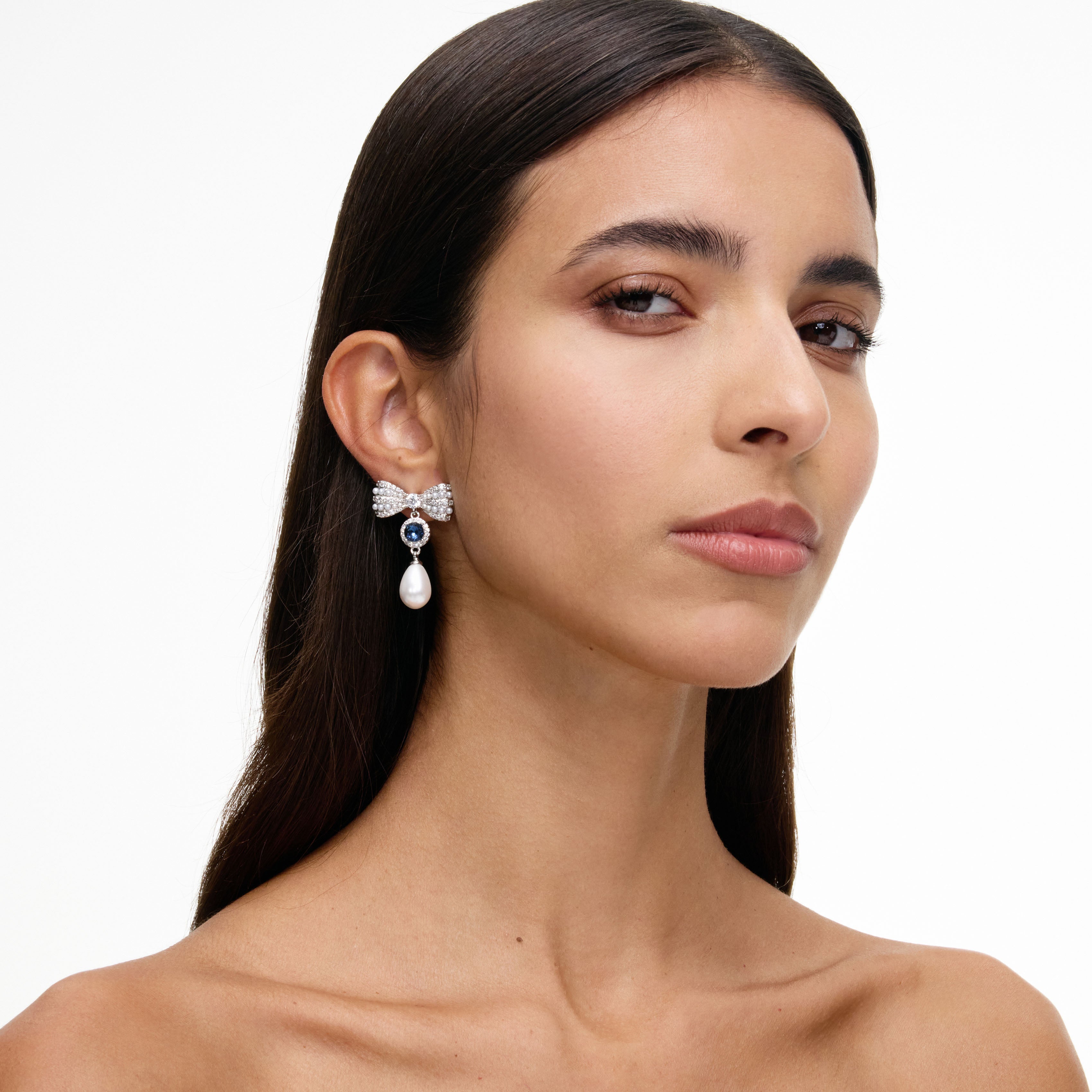 Self Portrait Silver Crystal Bow Blue Pearl Droplet Earrings Ohrringe One Size