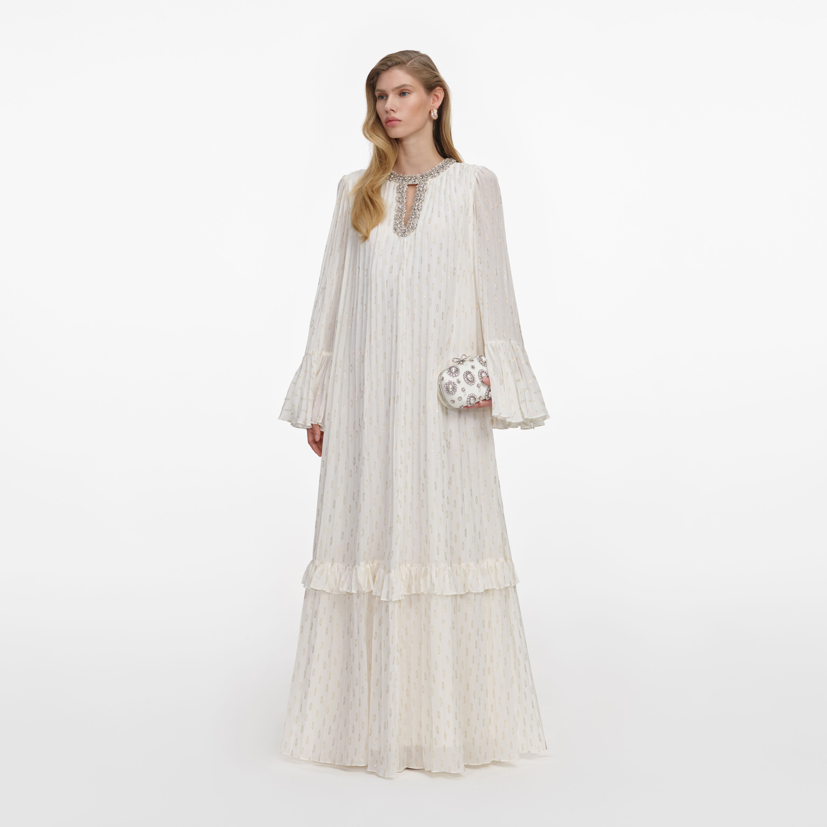 Self Portrait Cream and Gold Chiffon Maxikleid Creme