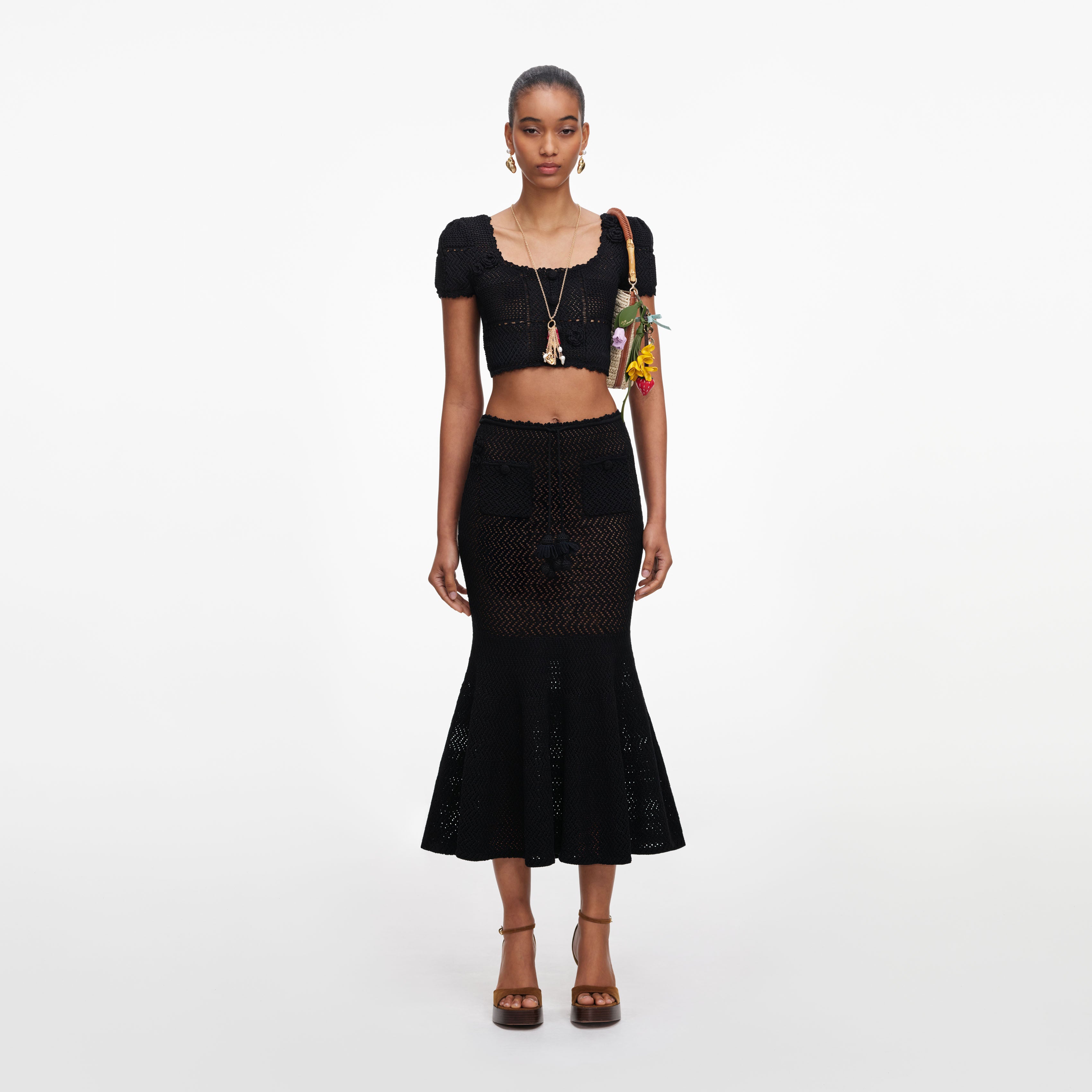 Self Portrait Black Crochet Knit Midi Skirt Strickrock schwarz