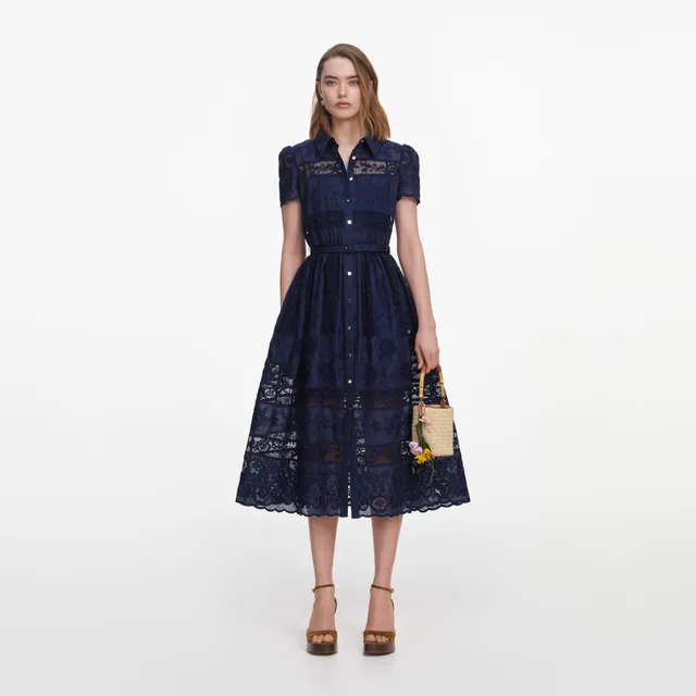 Self Portrait Navy Ramie Hemd-Midikleid Navy Spitze