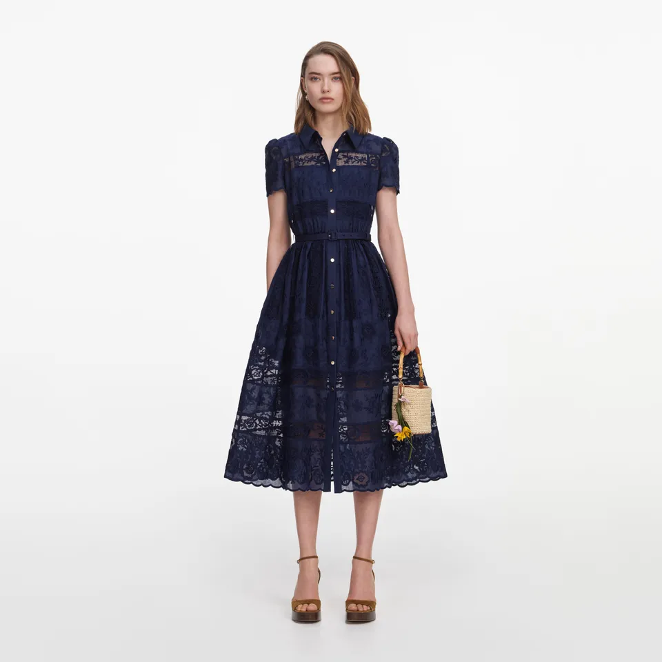 Self Portrait Navy Ramie Hemd-Midikleid Navy Spitze