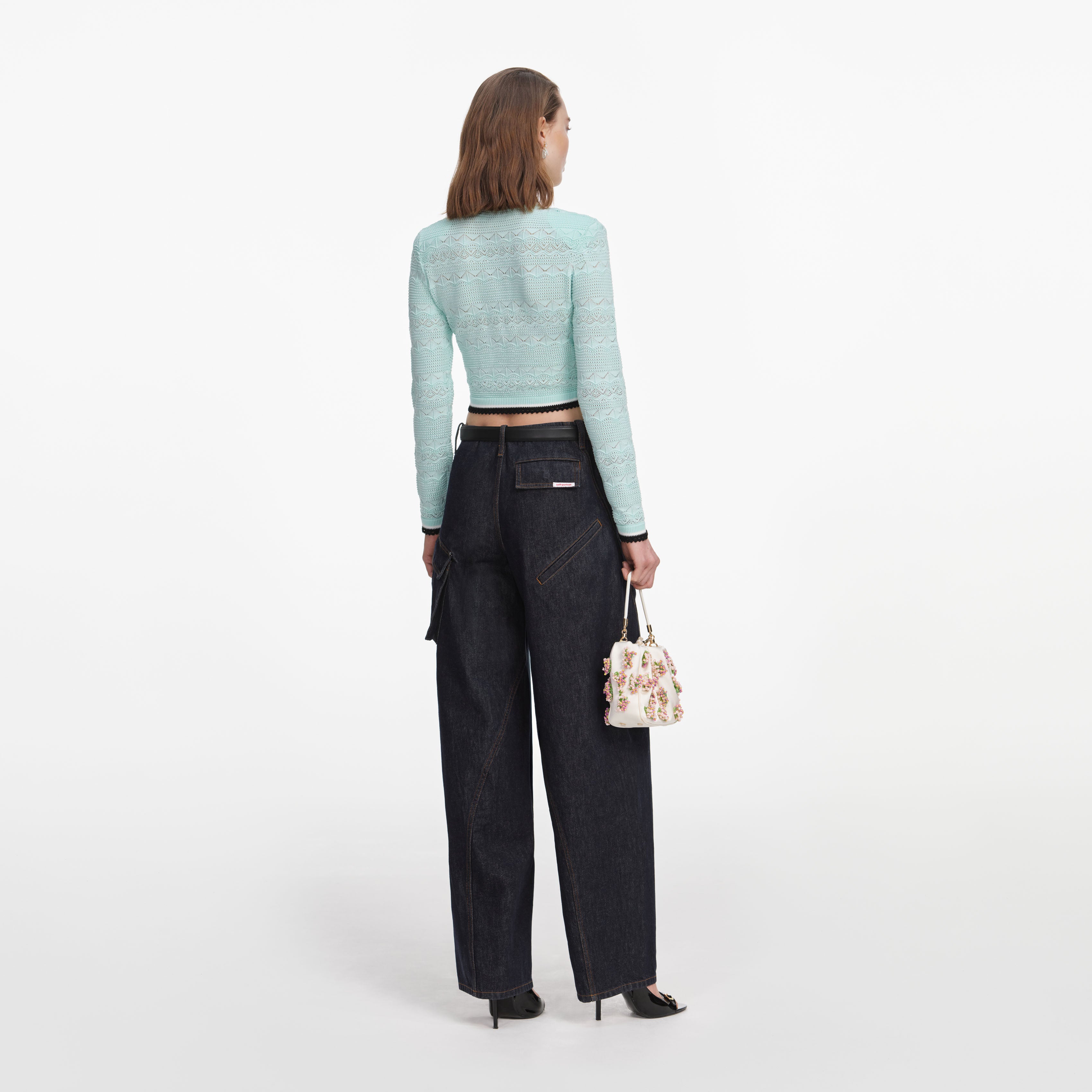 Self Portrait Mint Pointelle Strickjacke Mint Goldknöpfe