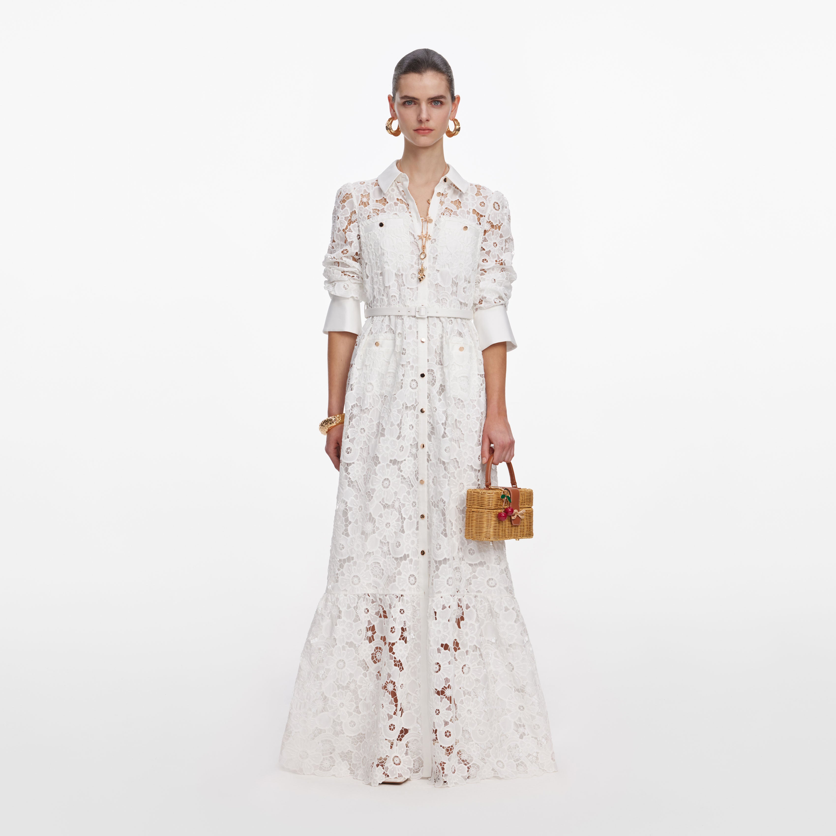 Self Portrait Lace Collared Maxi Kleid Weiß Spitze