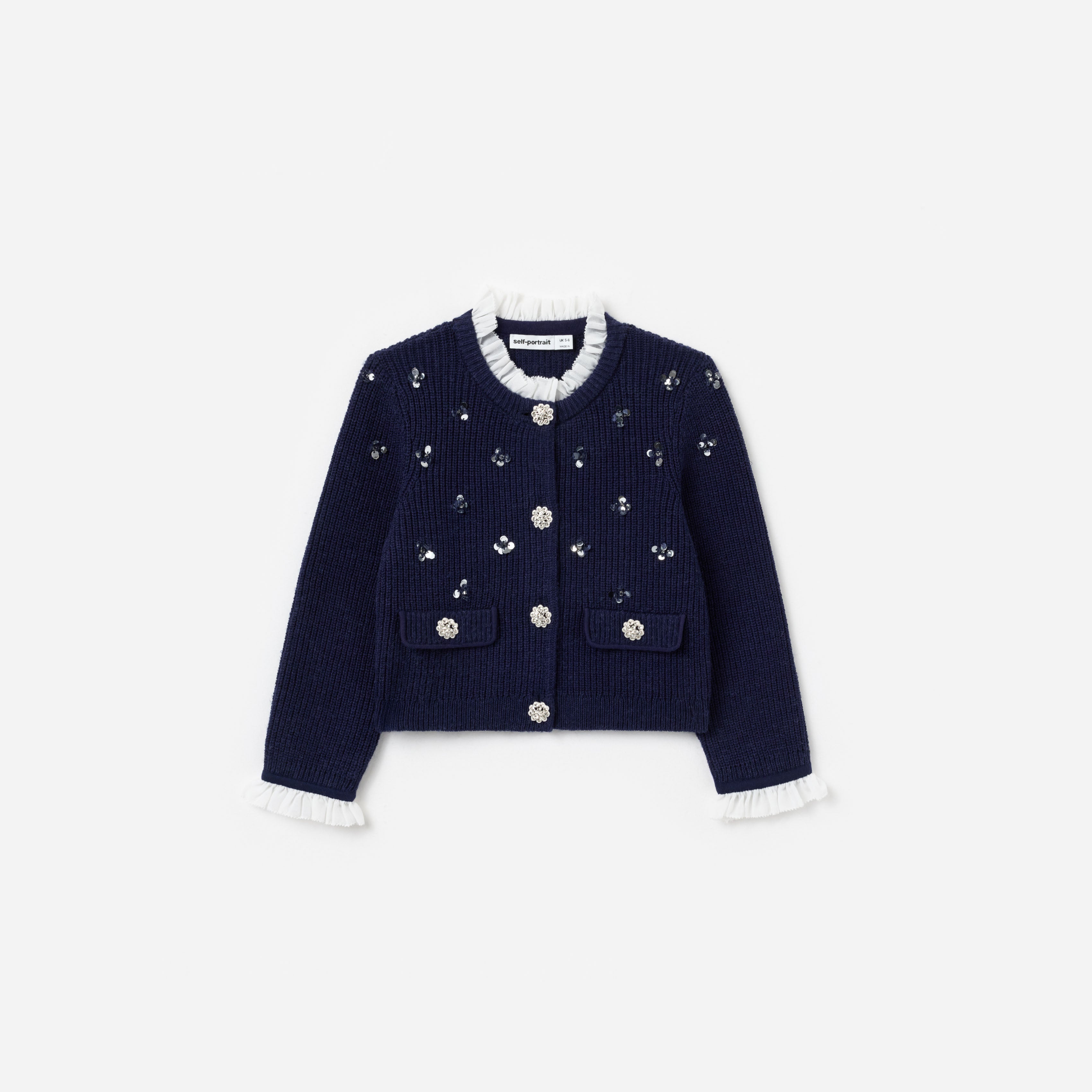 Self Portrait Knitwear Strickjacke Marine Bouclé Pailletten