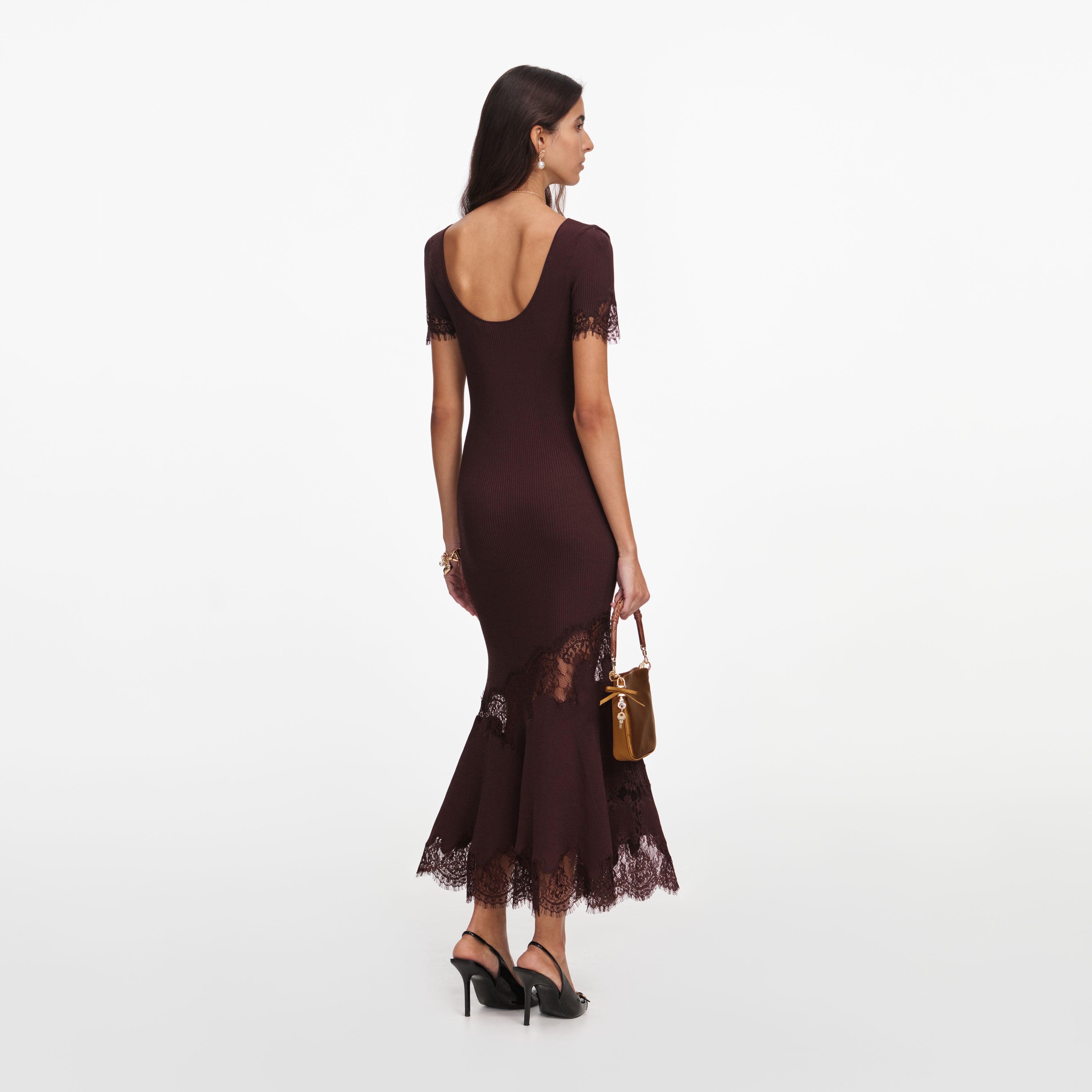 Self Portrait Brown Ribbed Knit Midi Kleid Braun Spitze