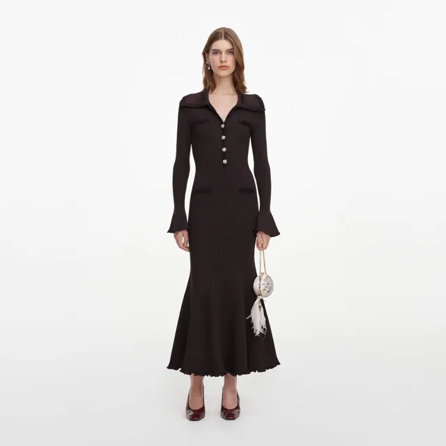 Self Portrait Fringe Strick Midikleid Braun Fransen