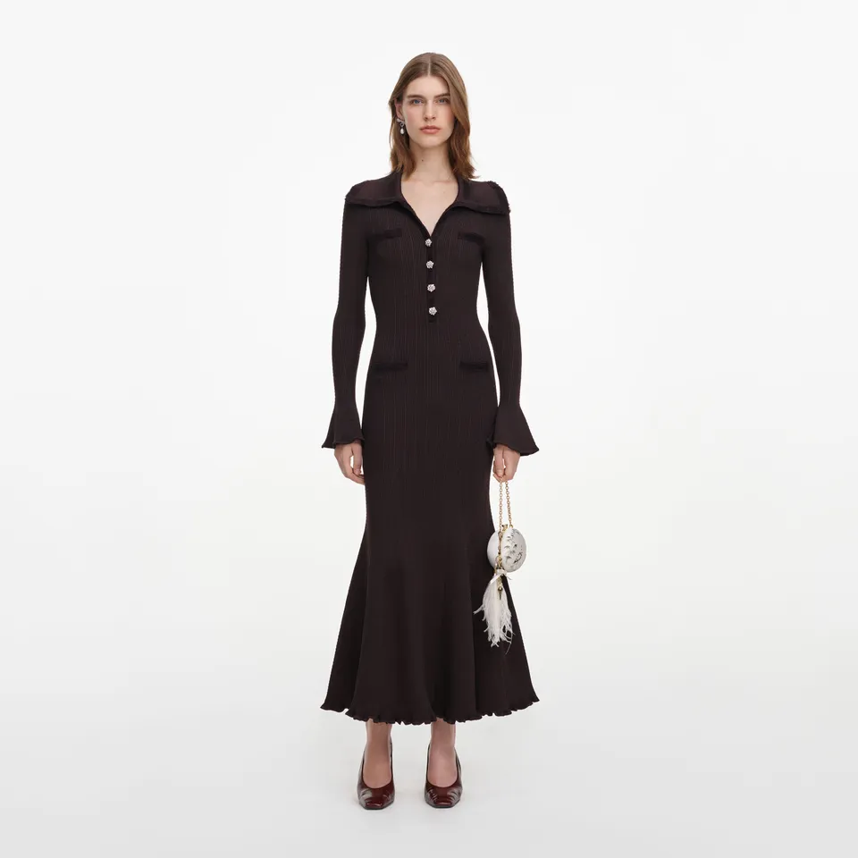 Self Portrait Fringe Strick Midikleid Braun Fransen
