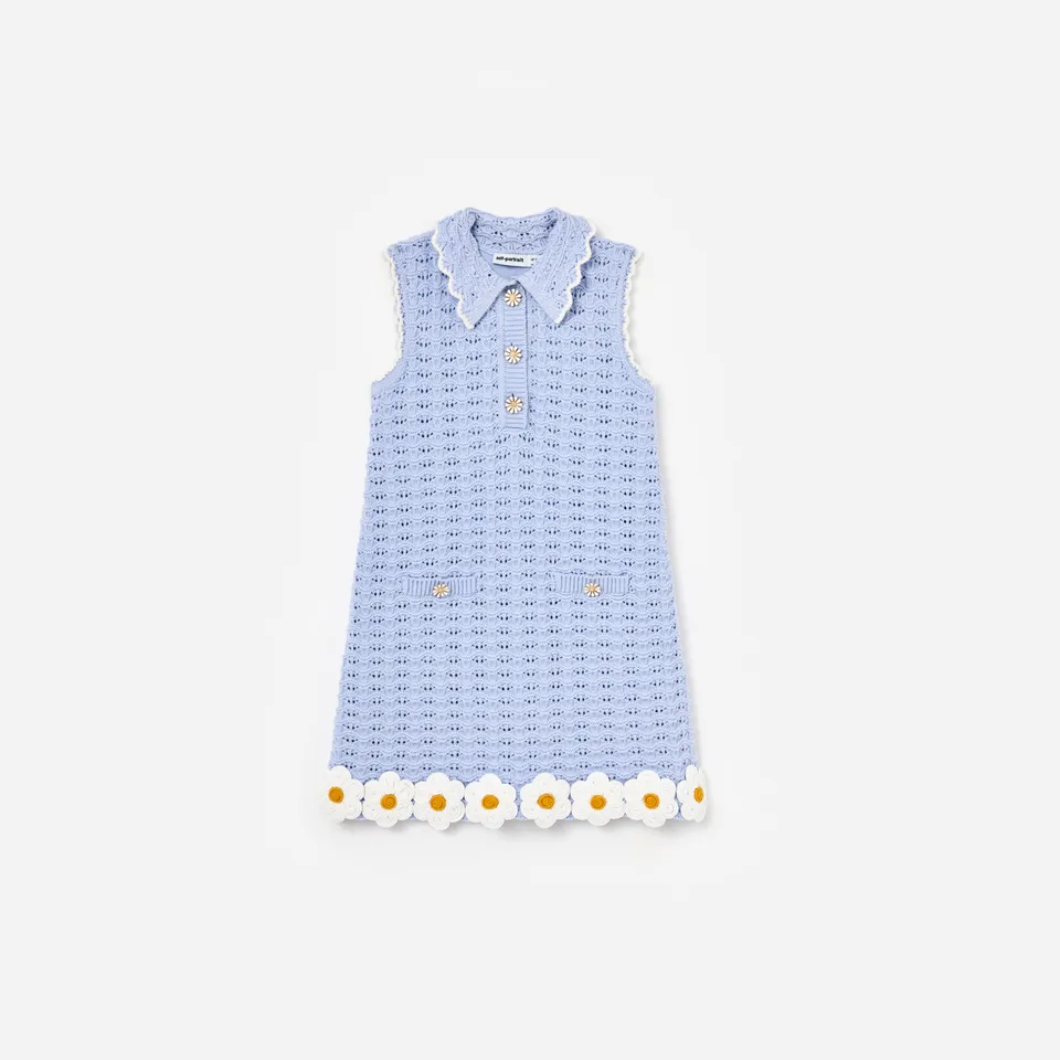 Self-Portrait Blue Daisy Trim Pointelle Kinderkleid Blau