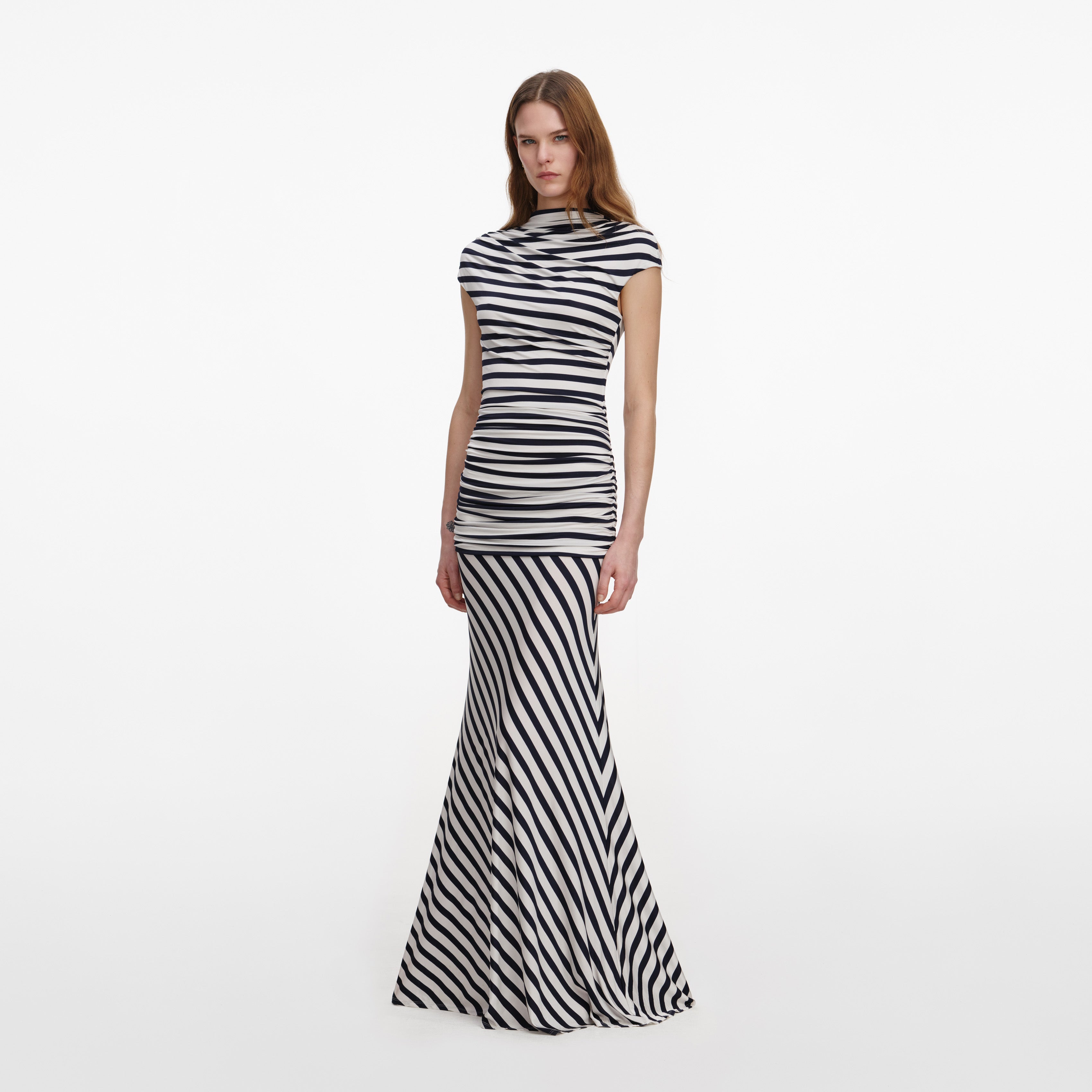 Self Portrait Navy Streifen Jersey Maxikleid Drapiert