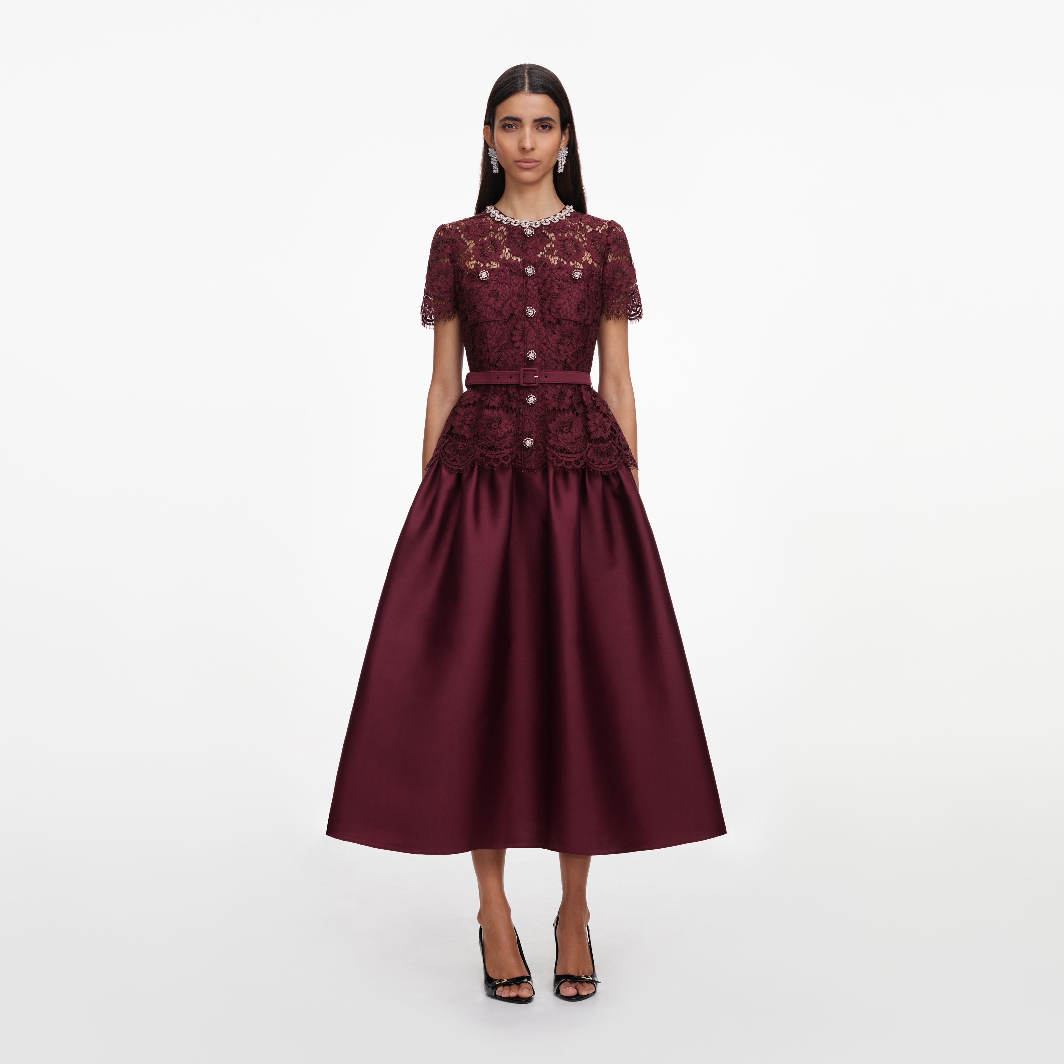 Self Portrait Burgundy Lace Taffeta Midi Kleid Bordeaux