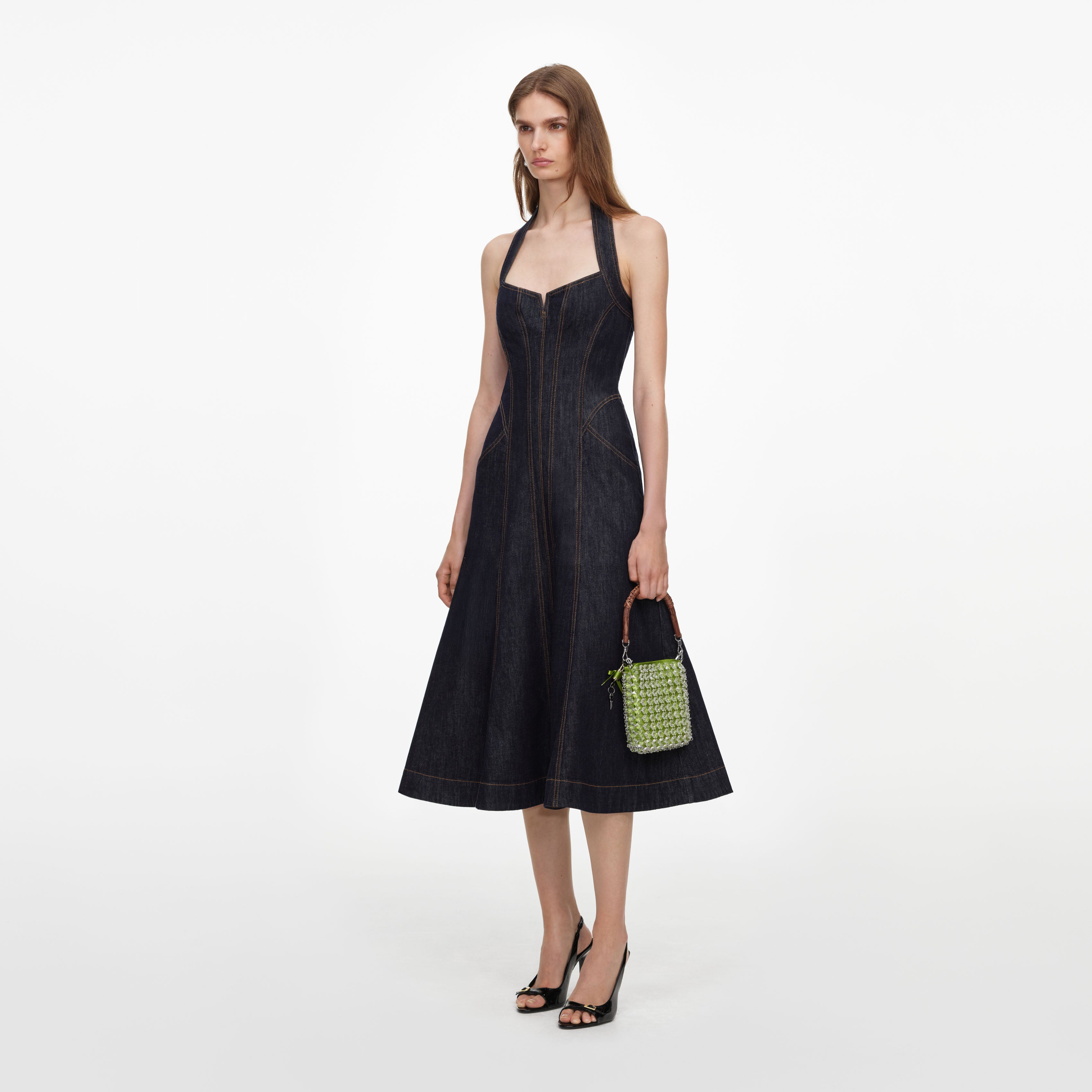 Self Portrait Halterneck Midikleid Indigo Denim Blau