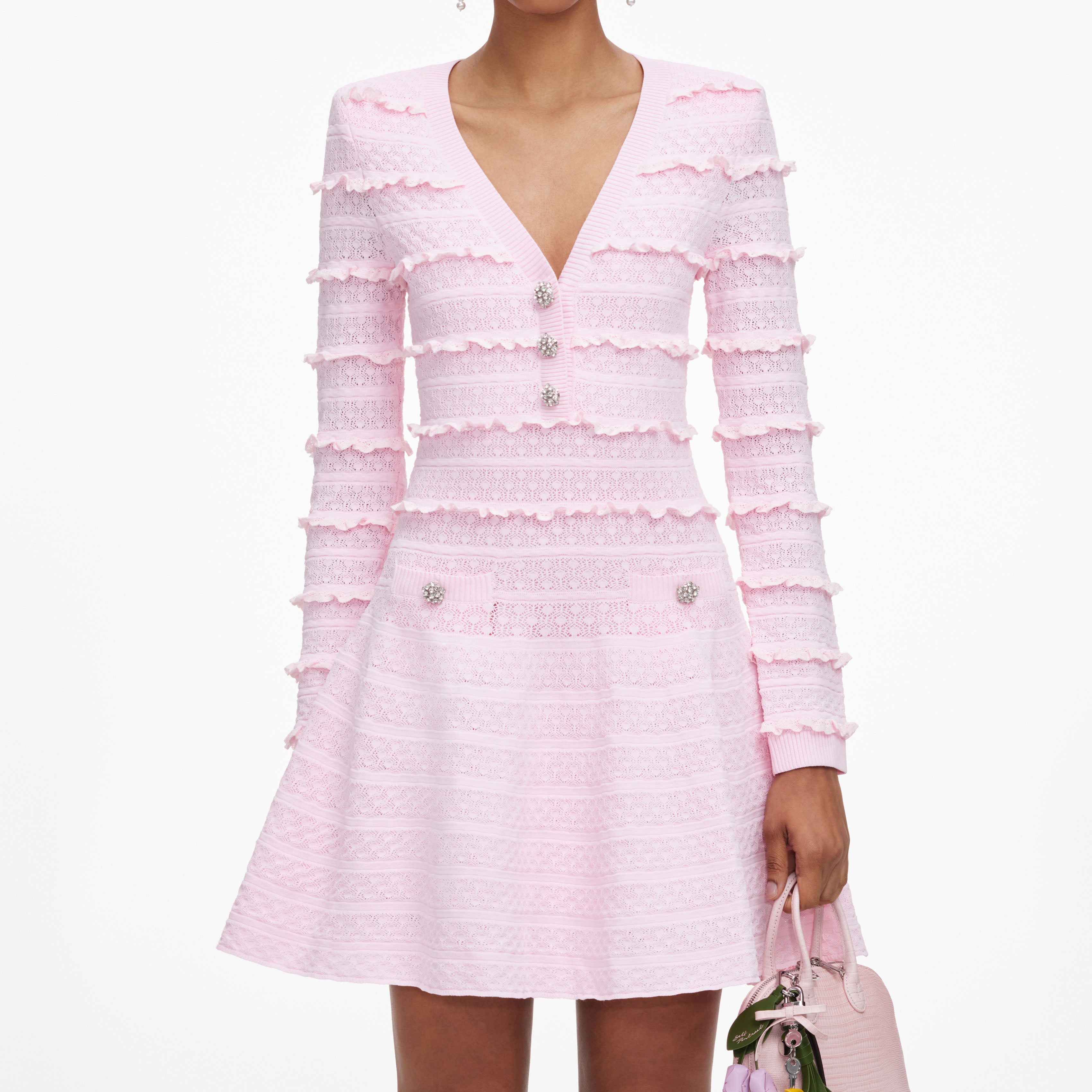 Self Portrait Pink Pointelle Diamante Knit Mini Kleid Pink S
