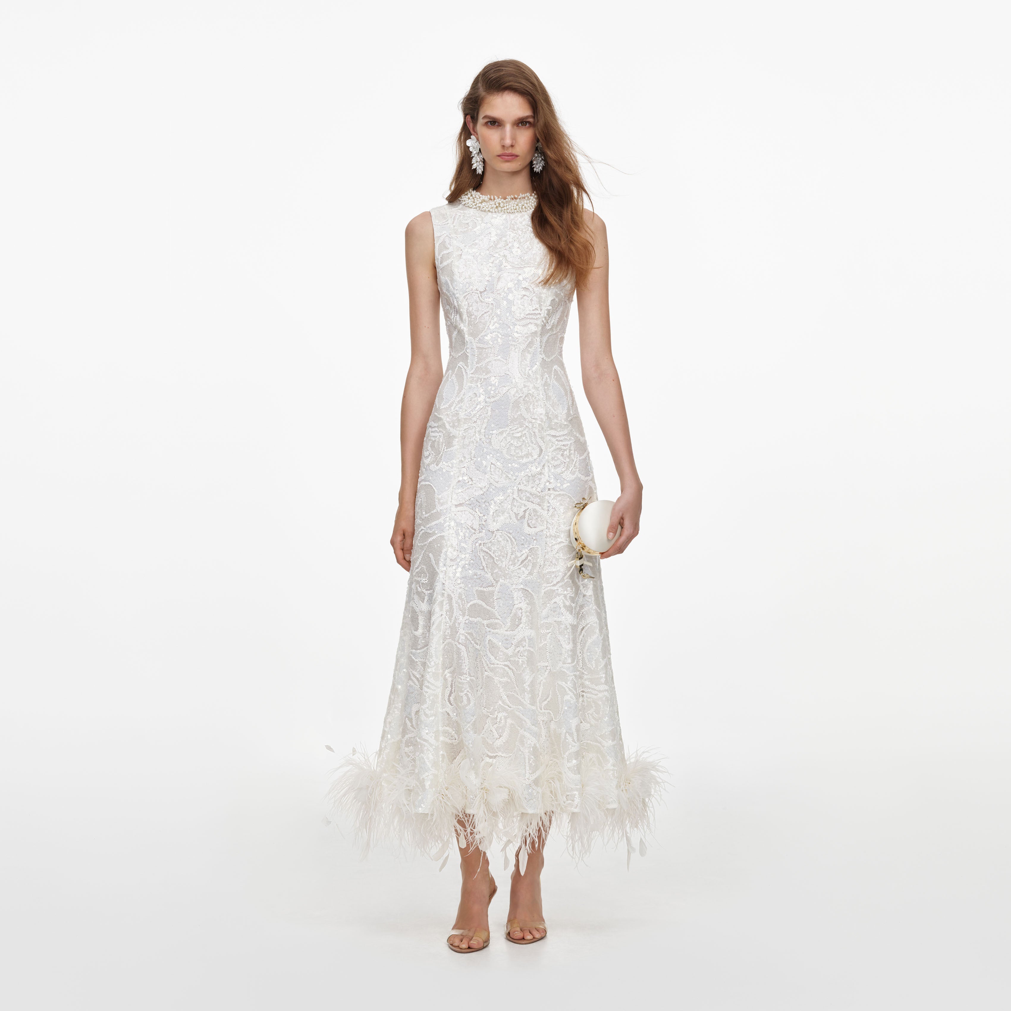 Self Portrait Sequin Lace Midi Kleid Weiß Federn