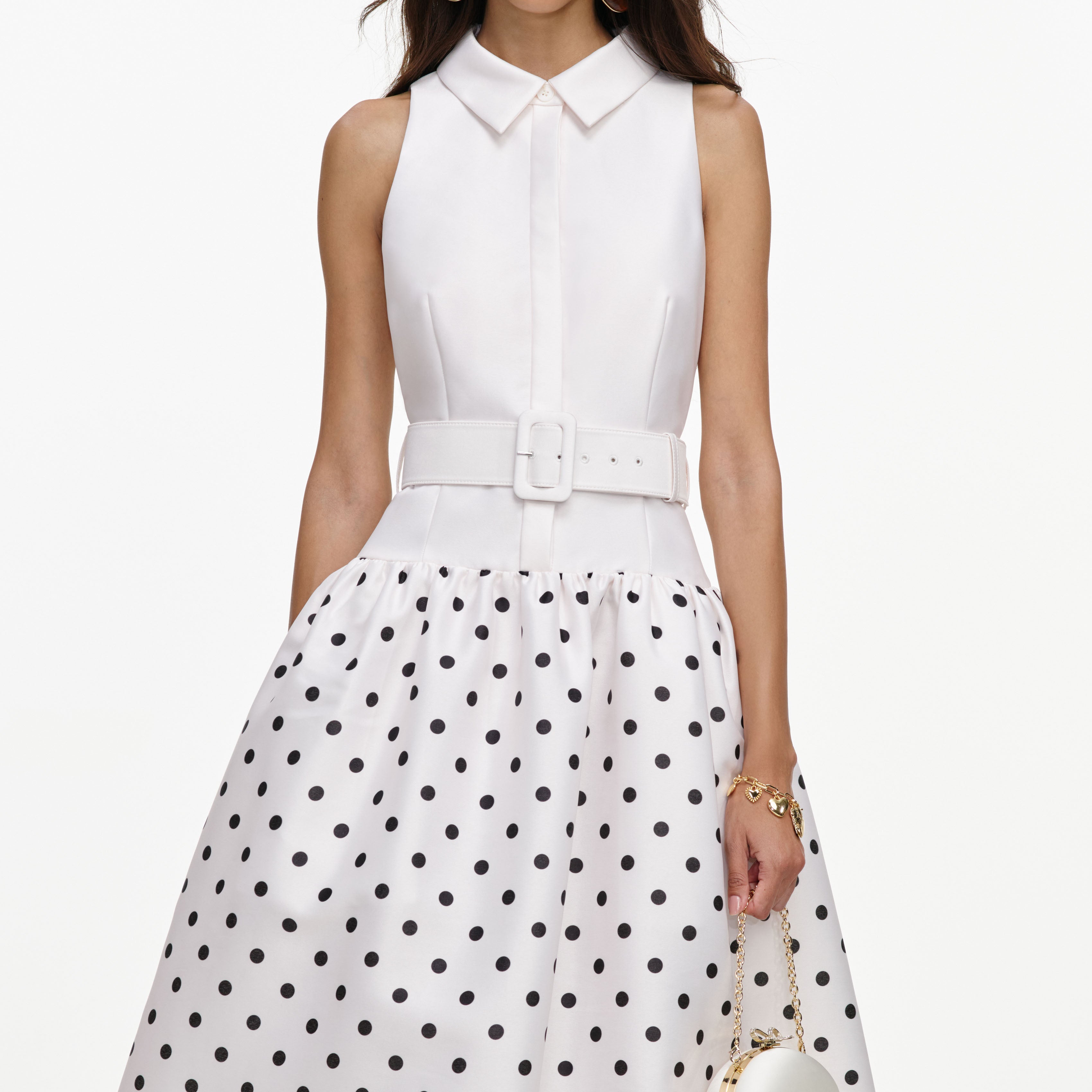 Self Portrait Midi Kleid Weiß Punkte Ärmellos UK 8