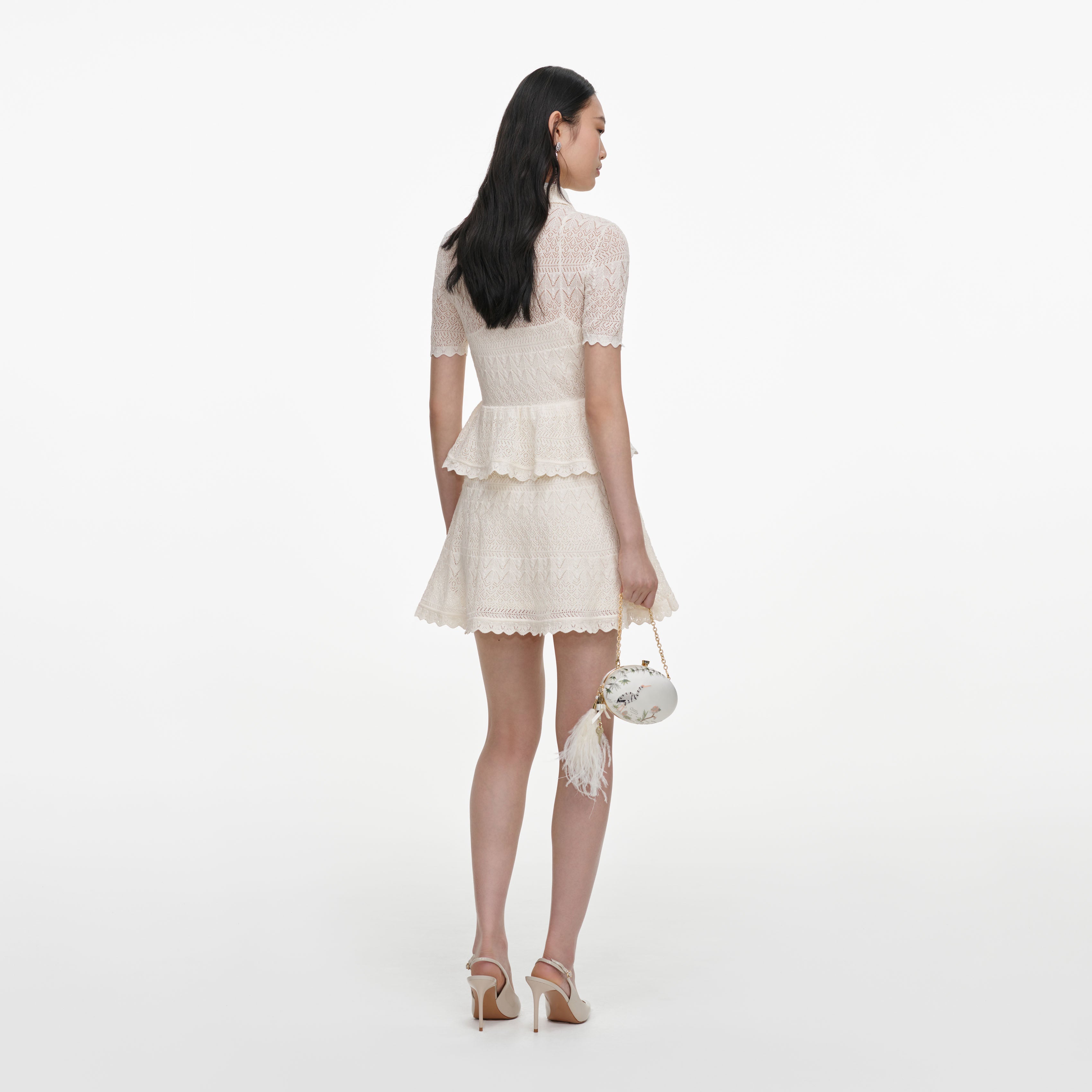 Self Portrait Pointelle Knit Wrap Peplum Kleid Creme Mini
