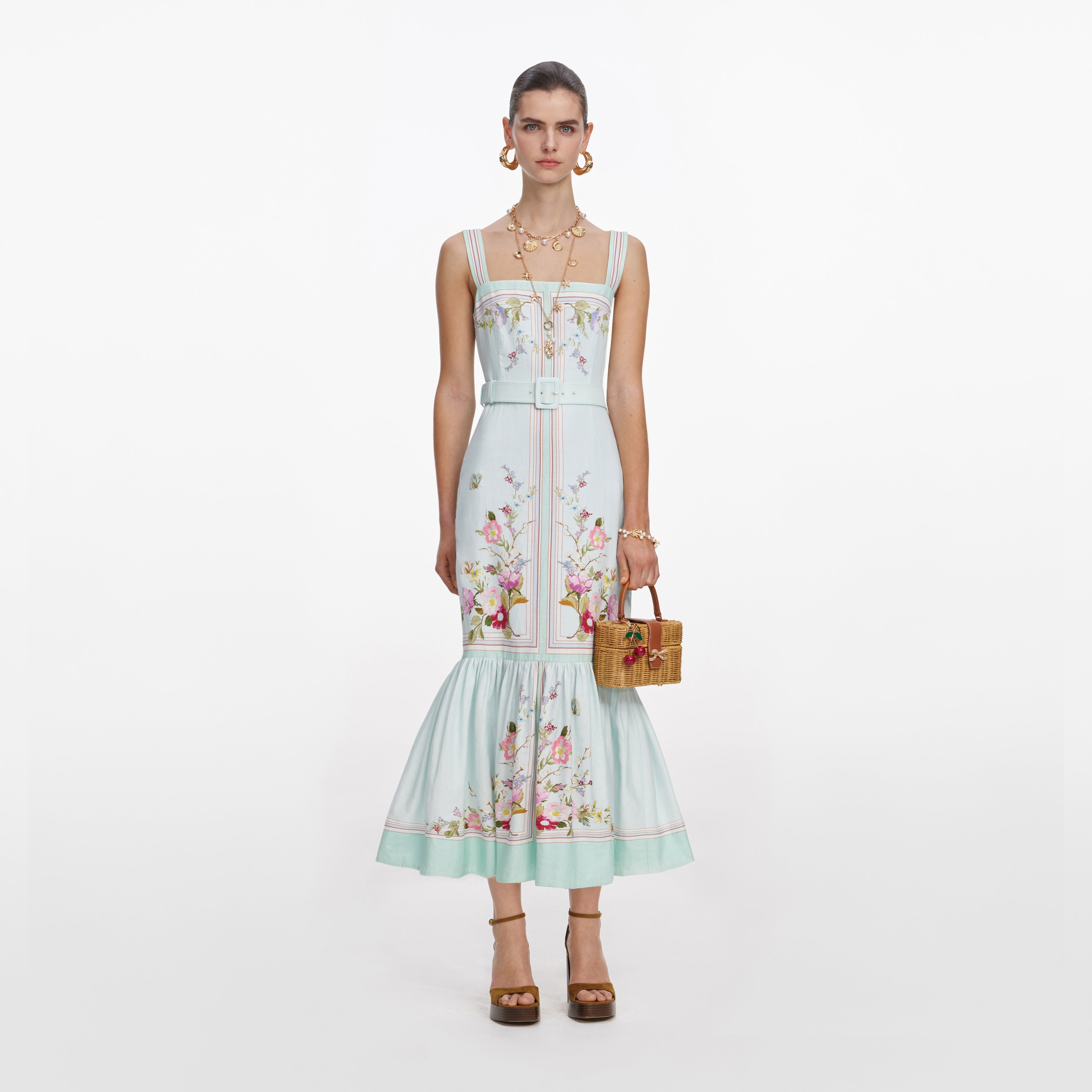 Self Portrait Floral Midi Kleid Mint Leinen Blumen