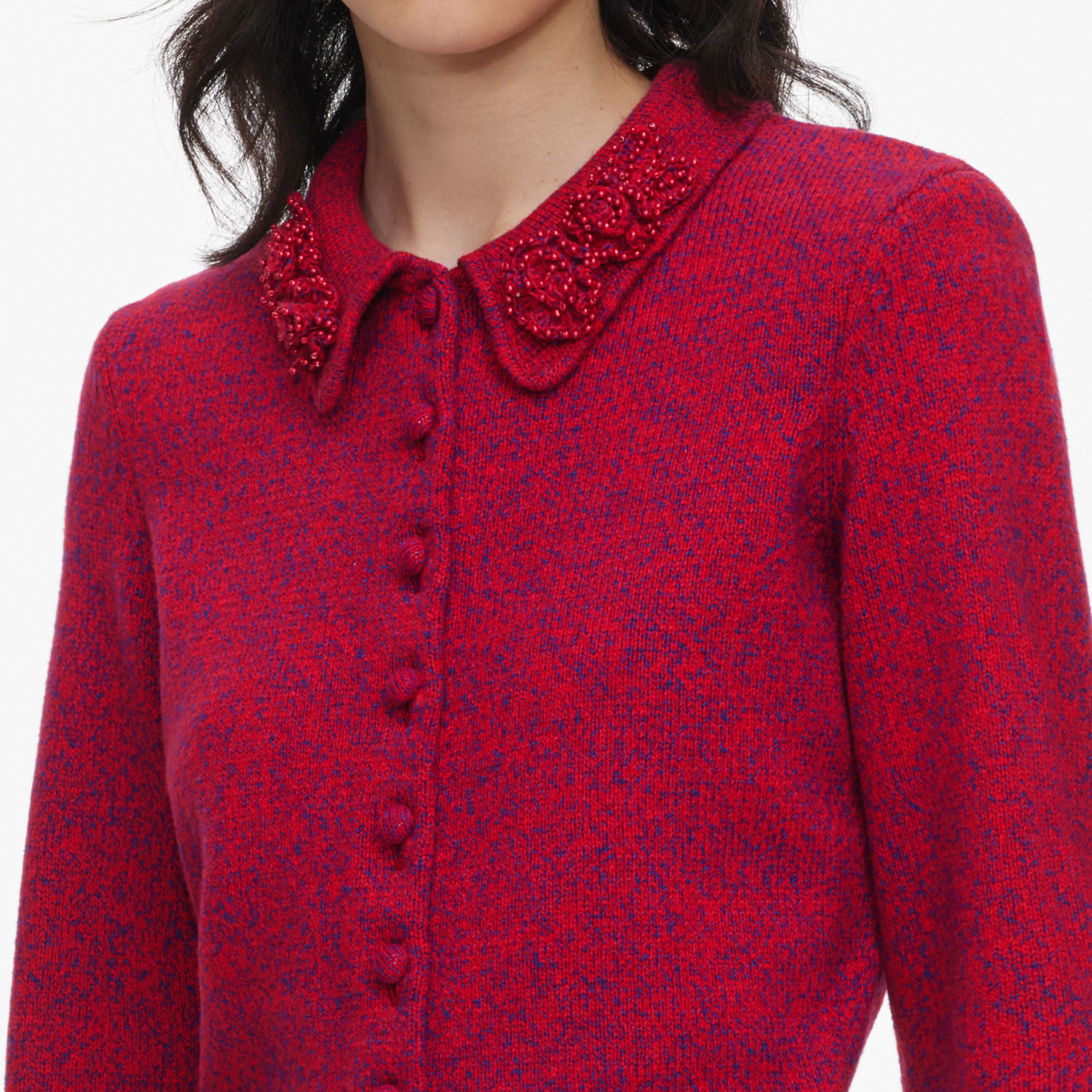 Self Portrait Red Flower Knit Cardigan S Rot Boucle