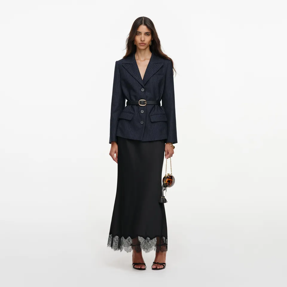 Self Portrait Tailored Blazer Satin Midikleid Grau Wolle