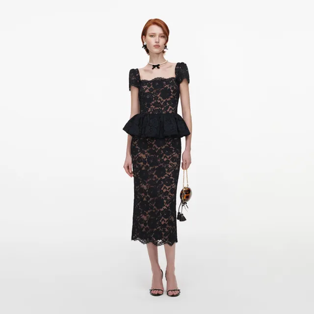 Self Portrait Black Lace Peplum Midi Spitzenkleid Schwarz