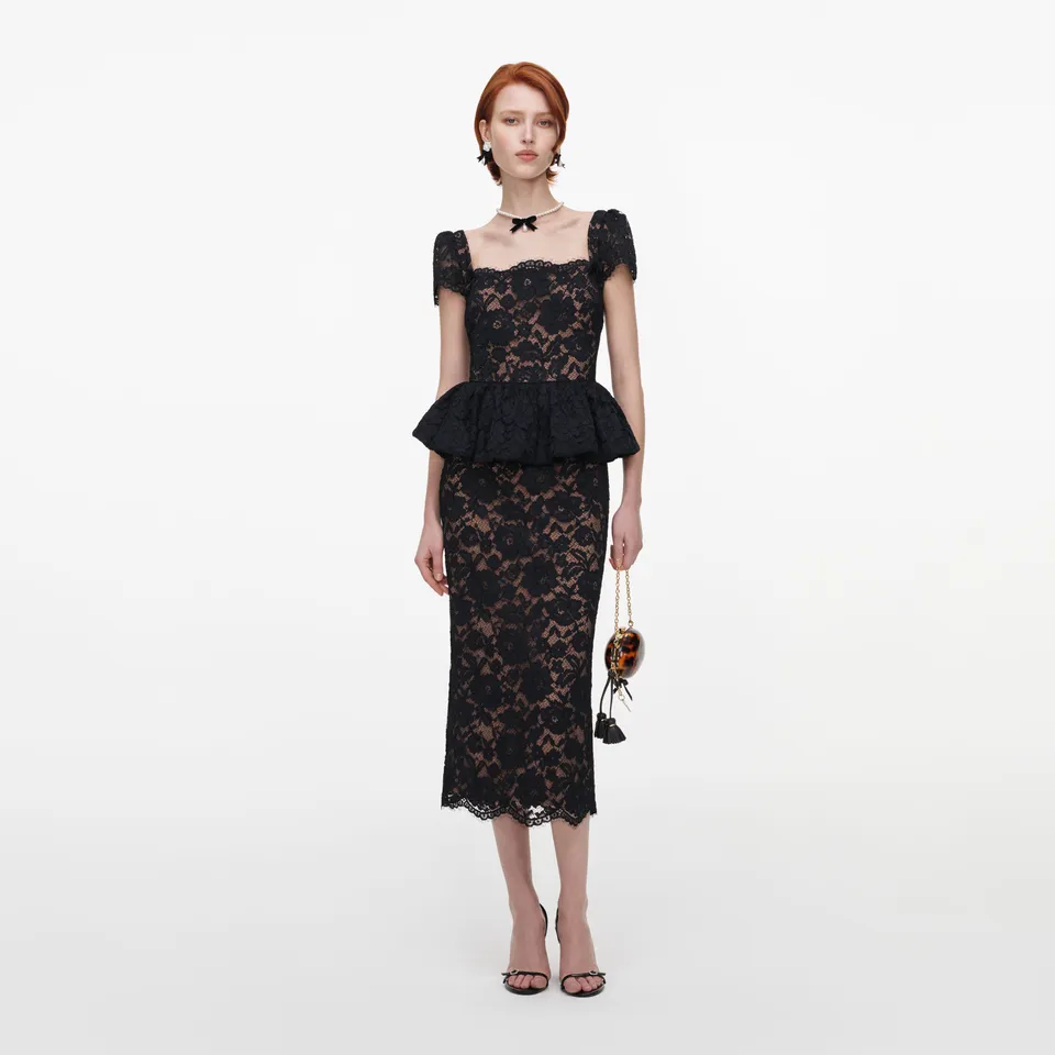 Self Portrait Black Lace Peplum Midi Spitzenkleid Schwarz