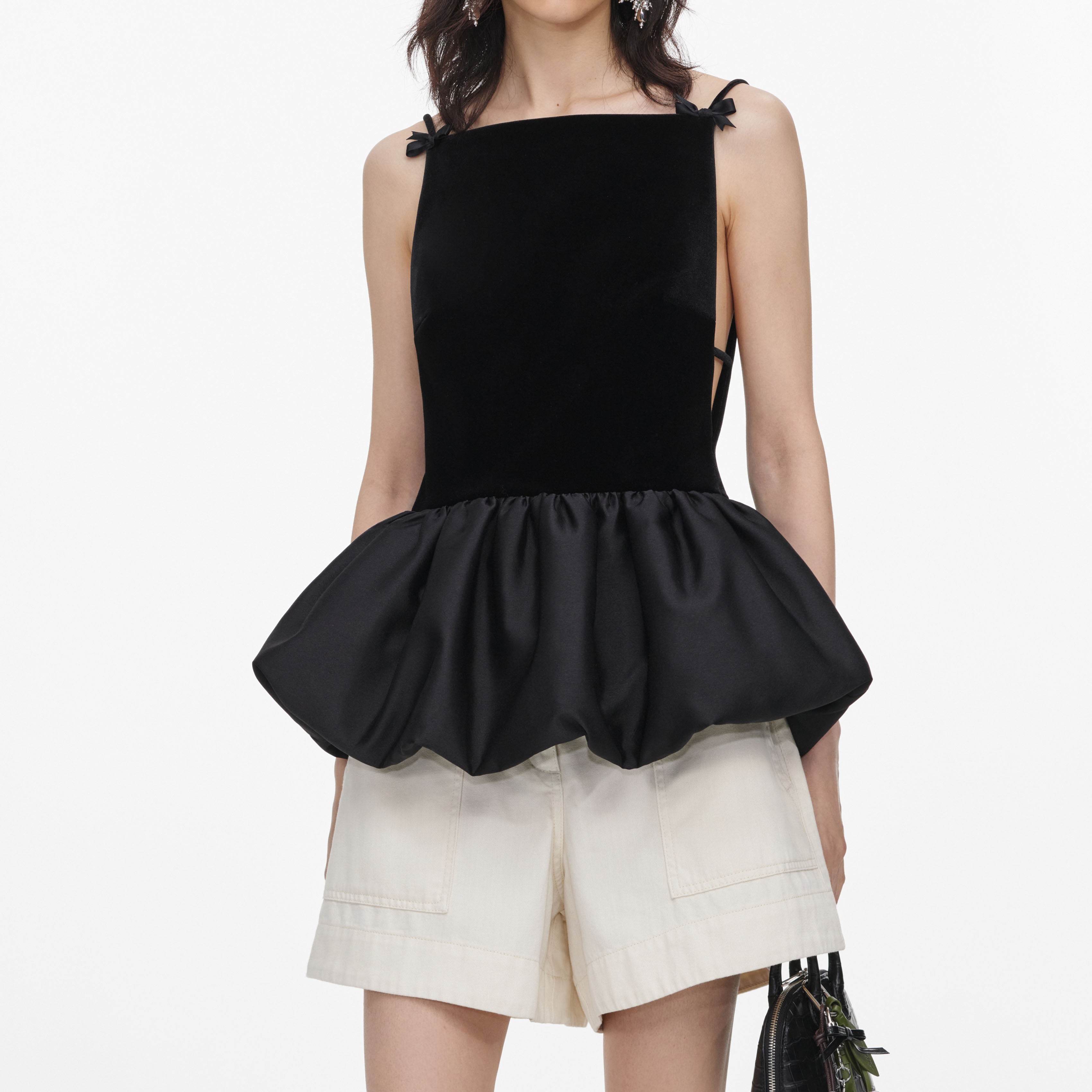Self Portrait Black Velvet Bubble Hem Top Oberteil Schwarz