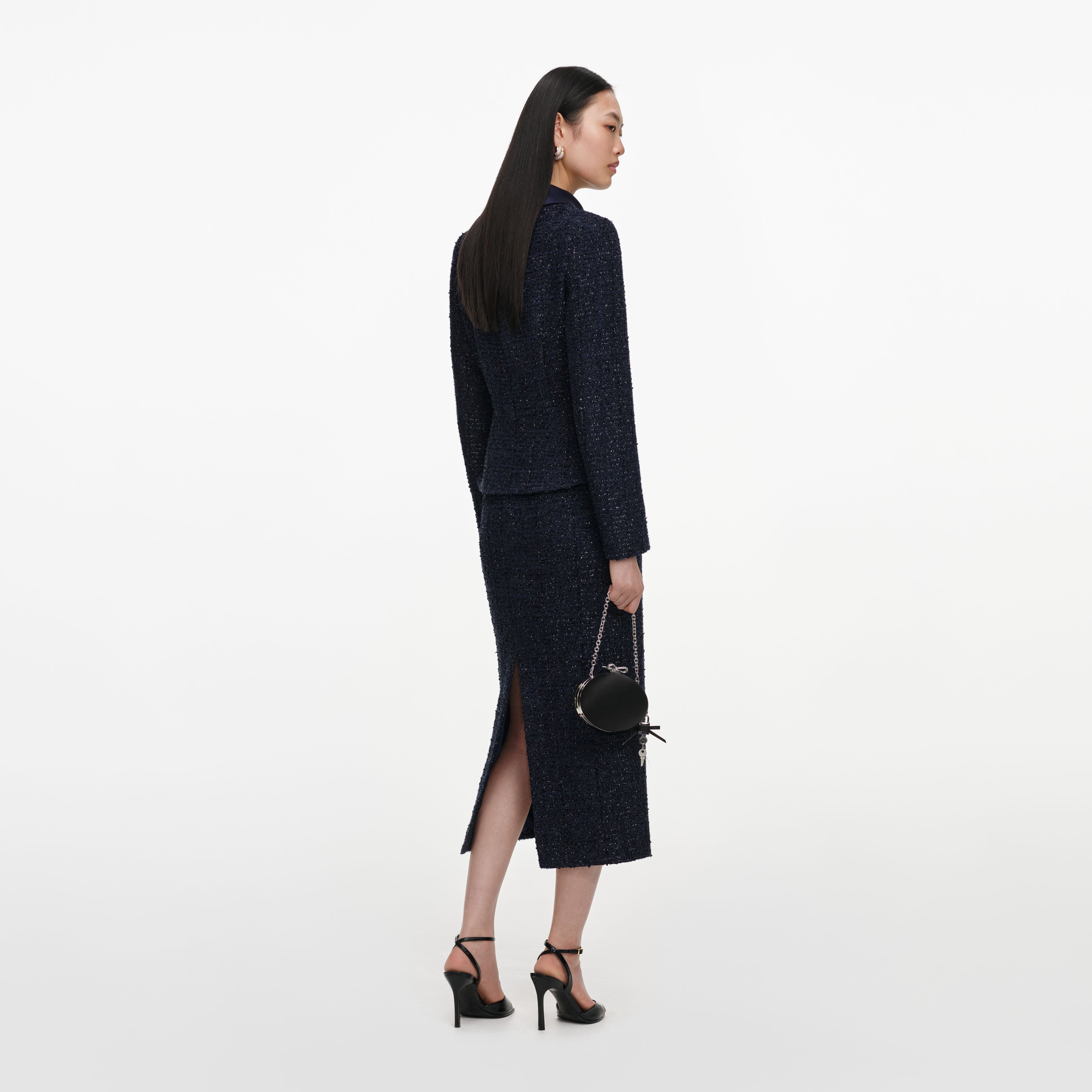 Self Portrait Navy Boucle Tailored Midi Kleid Navy Boucle