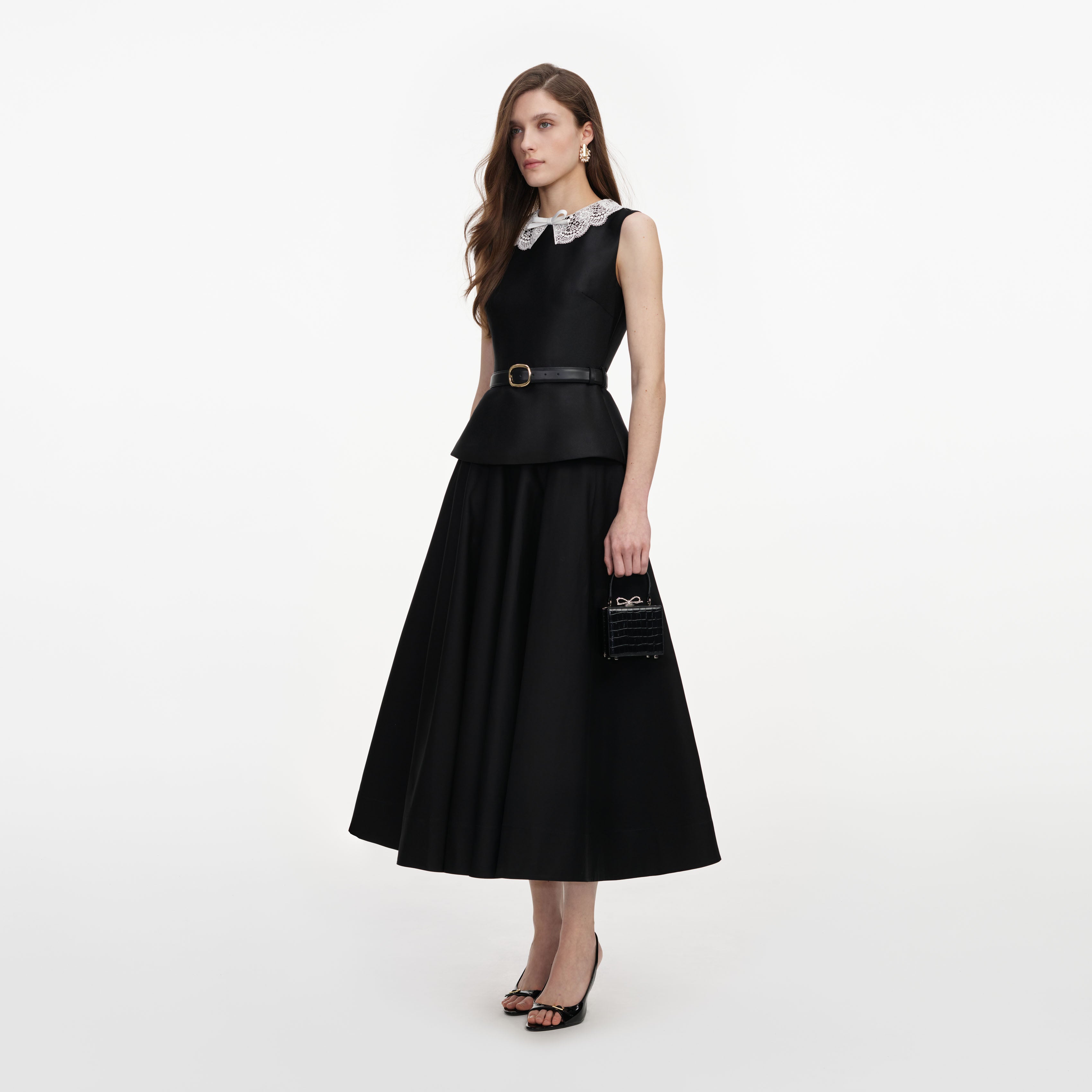 Self Portrait Black Taffeta Peplum Midi Kleid UK 8 Schwarz