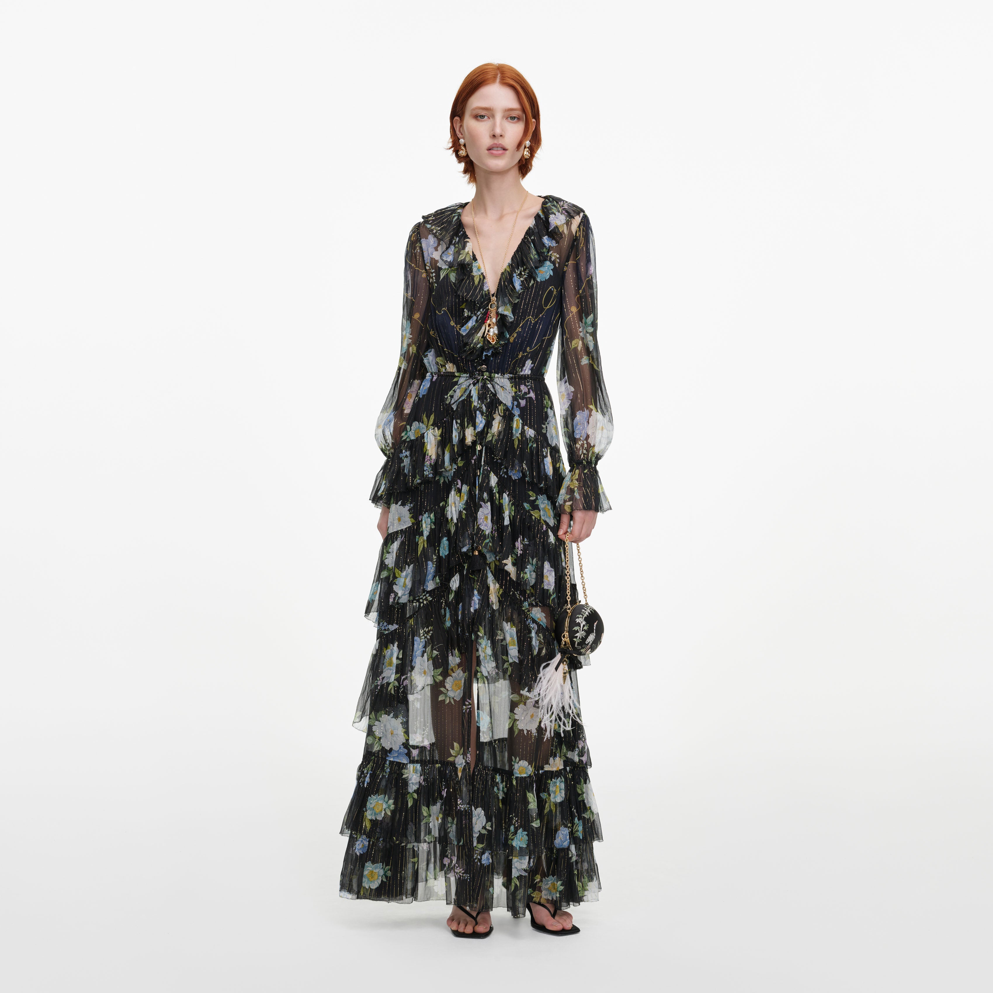 Self Portrait Floral Georgette Maxikleid Navy Blumen