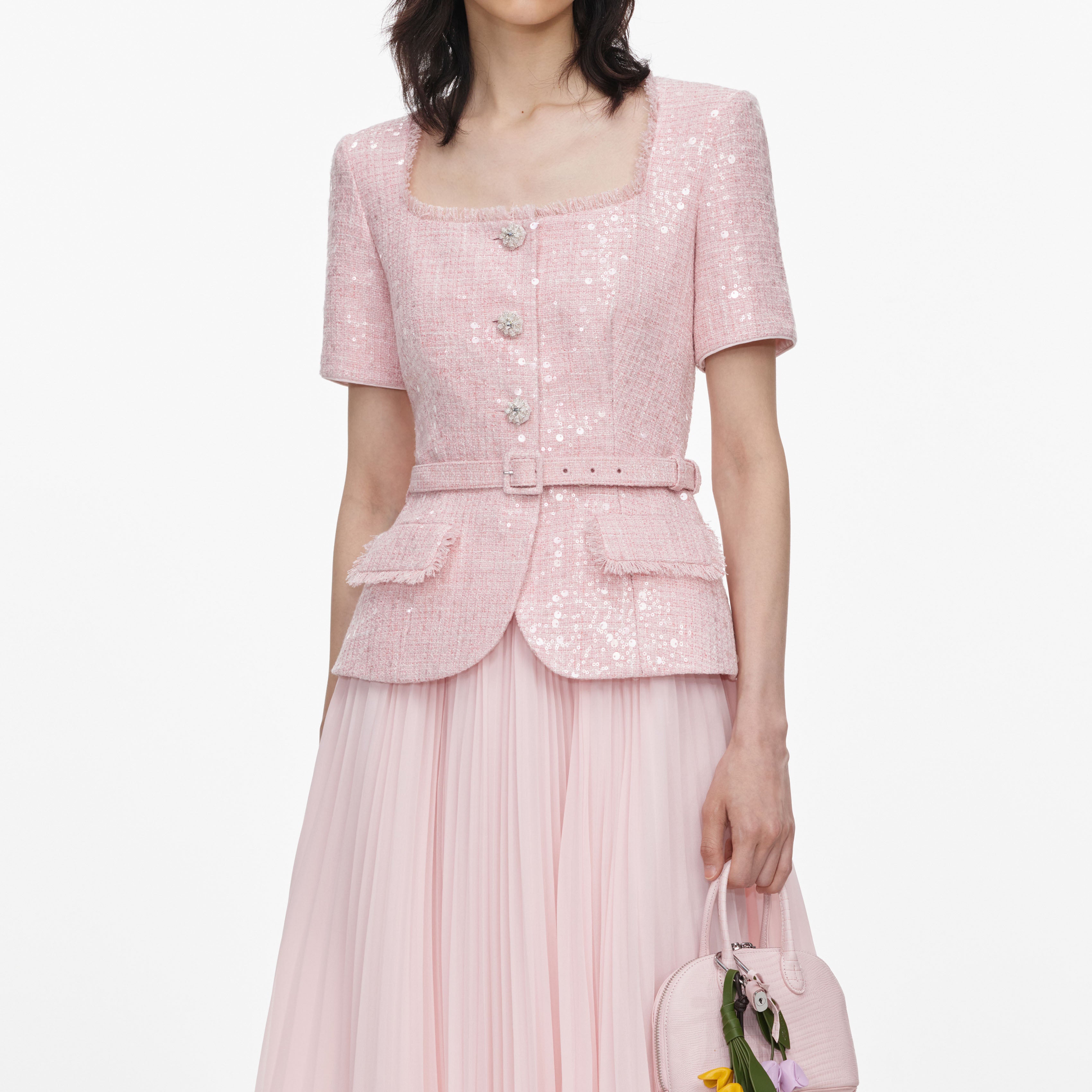 Self Portrait Pink Sequin Boucle Midikleid Rosa UK 4-16 Pailletten