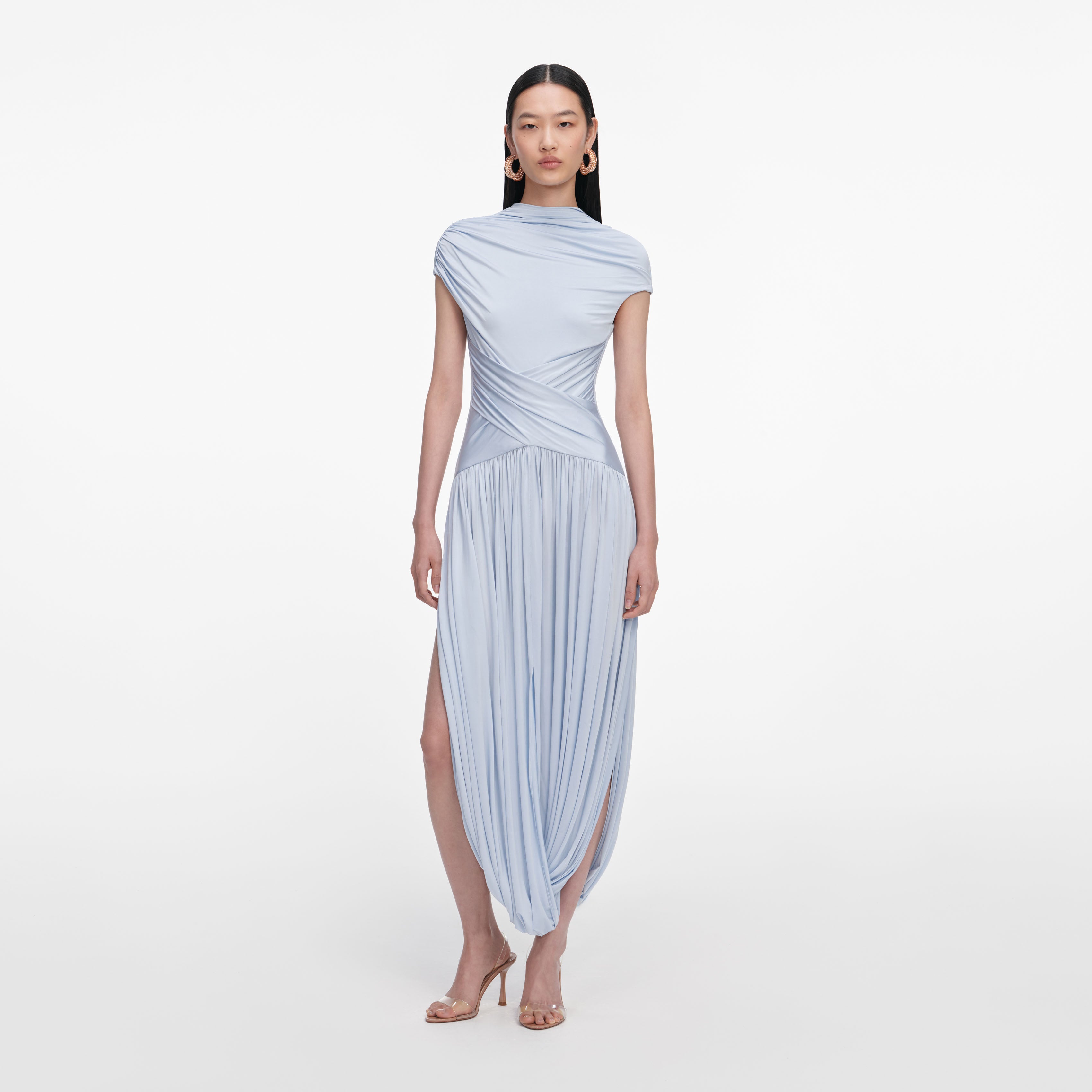 Self Portrait Blue Jersey Gathered Midi Kleid Blau Jersey