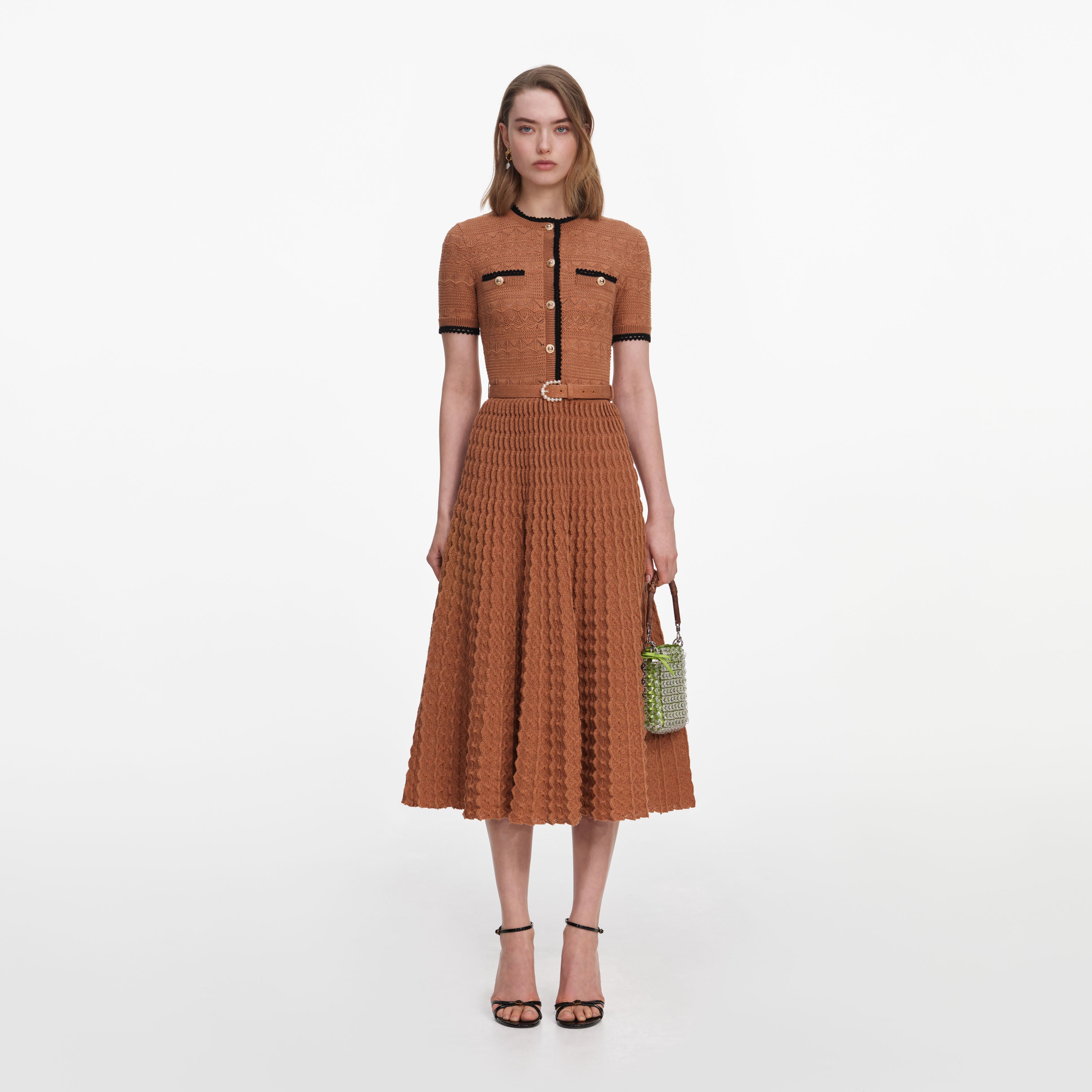 Self Portrait Pointelle Midi Kleid braun Strick Gürtel