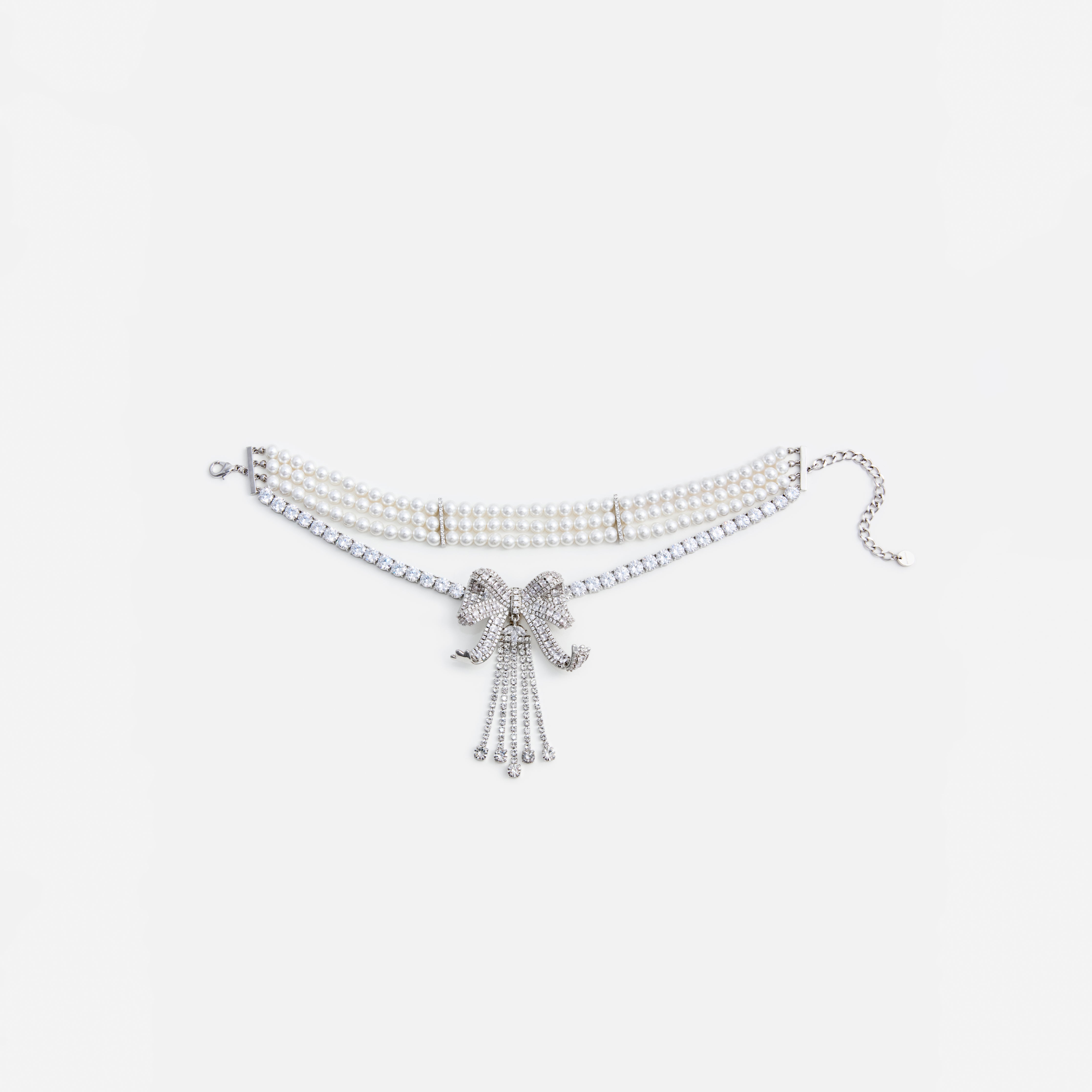 Self Portrait Crystal Bow Perlenkette Creme Silber