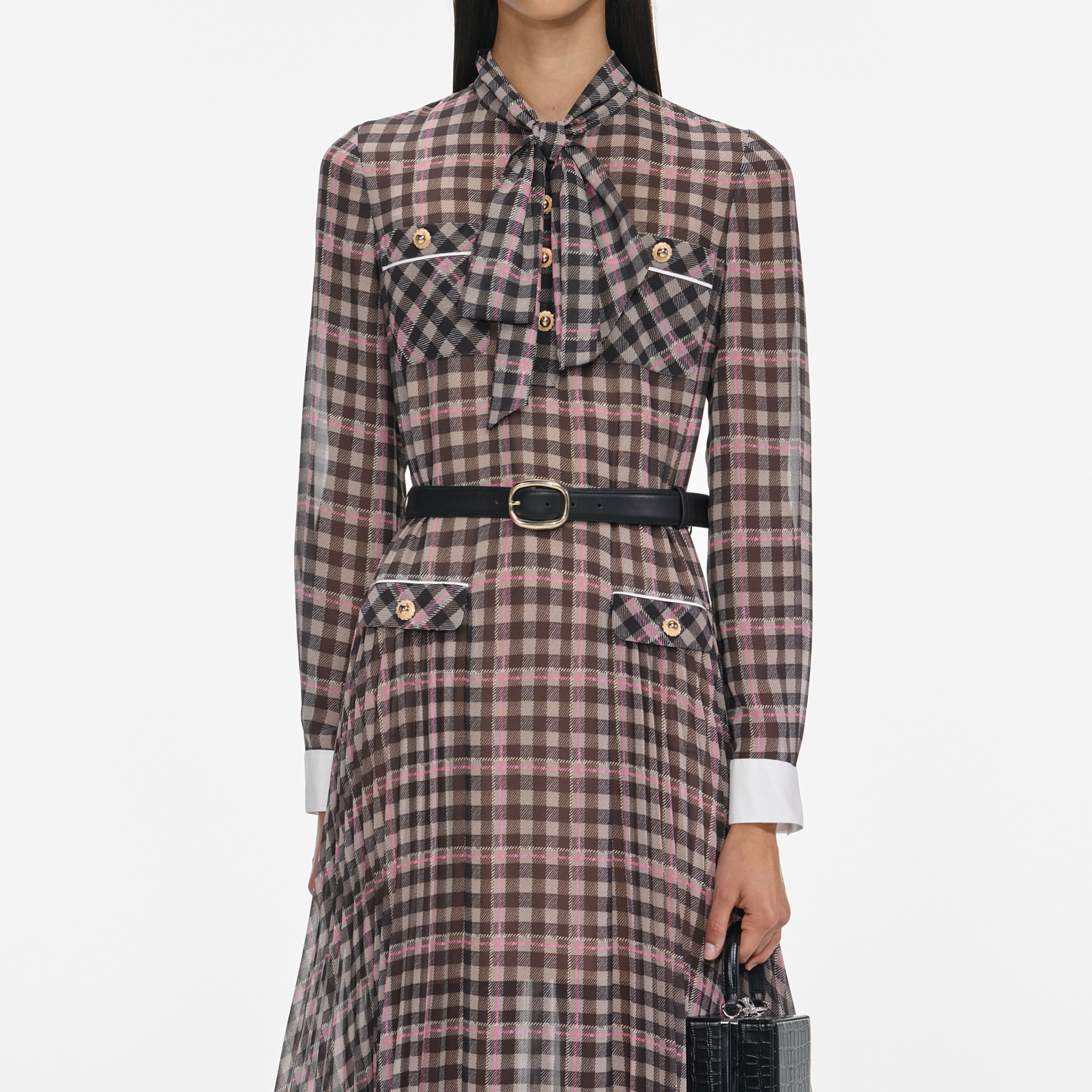 Self Portrait Brown Check Chiffon Midi Kleid Braun