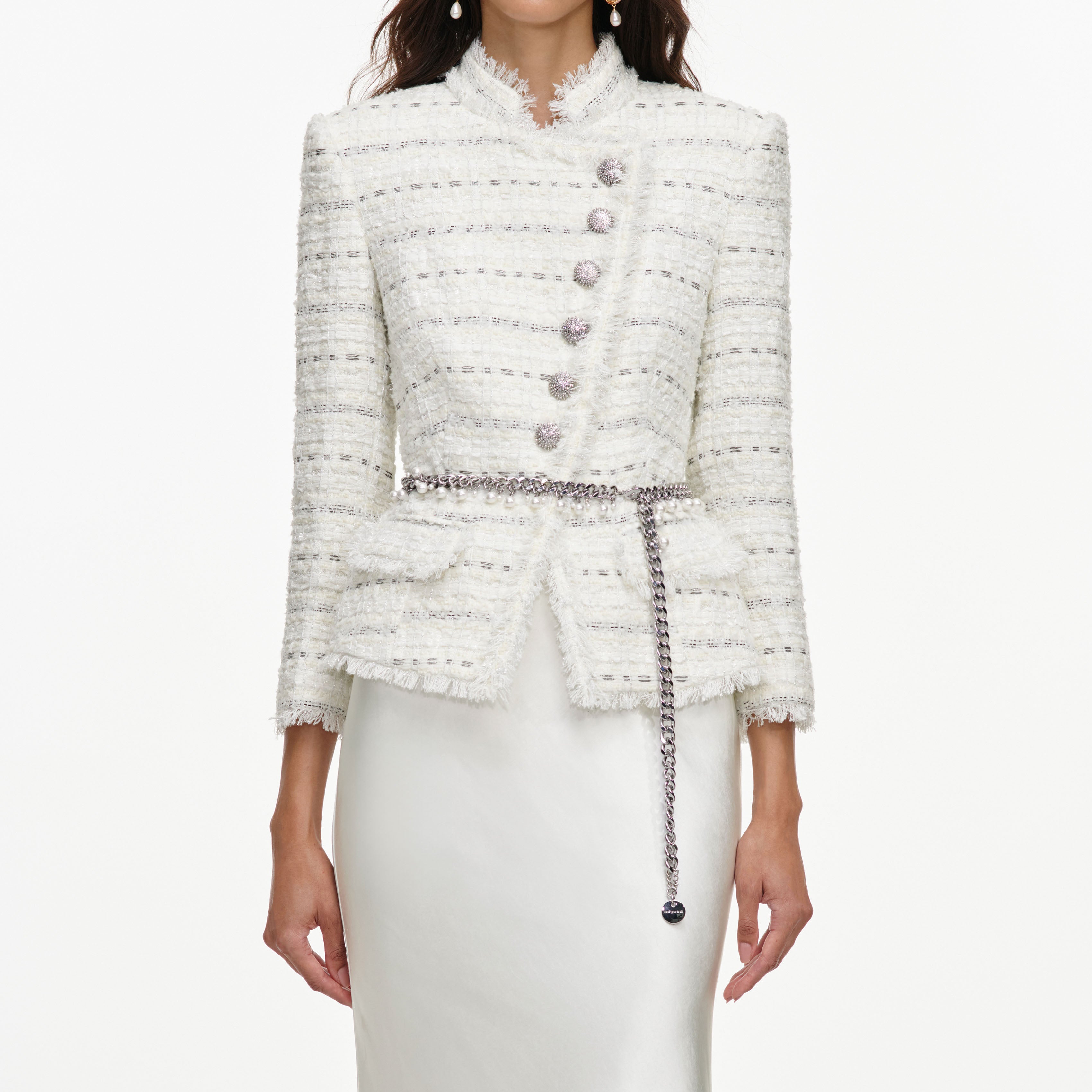 Self Portrait White Boucle Satin Maxikleid Weiß mit Gürtel