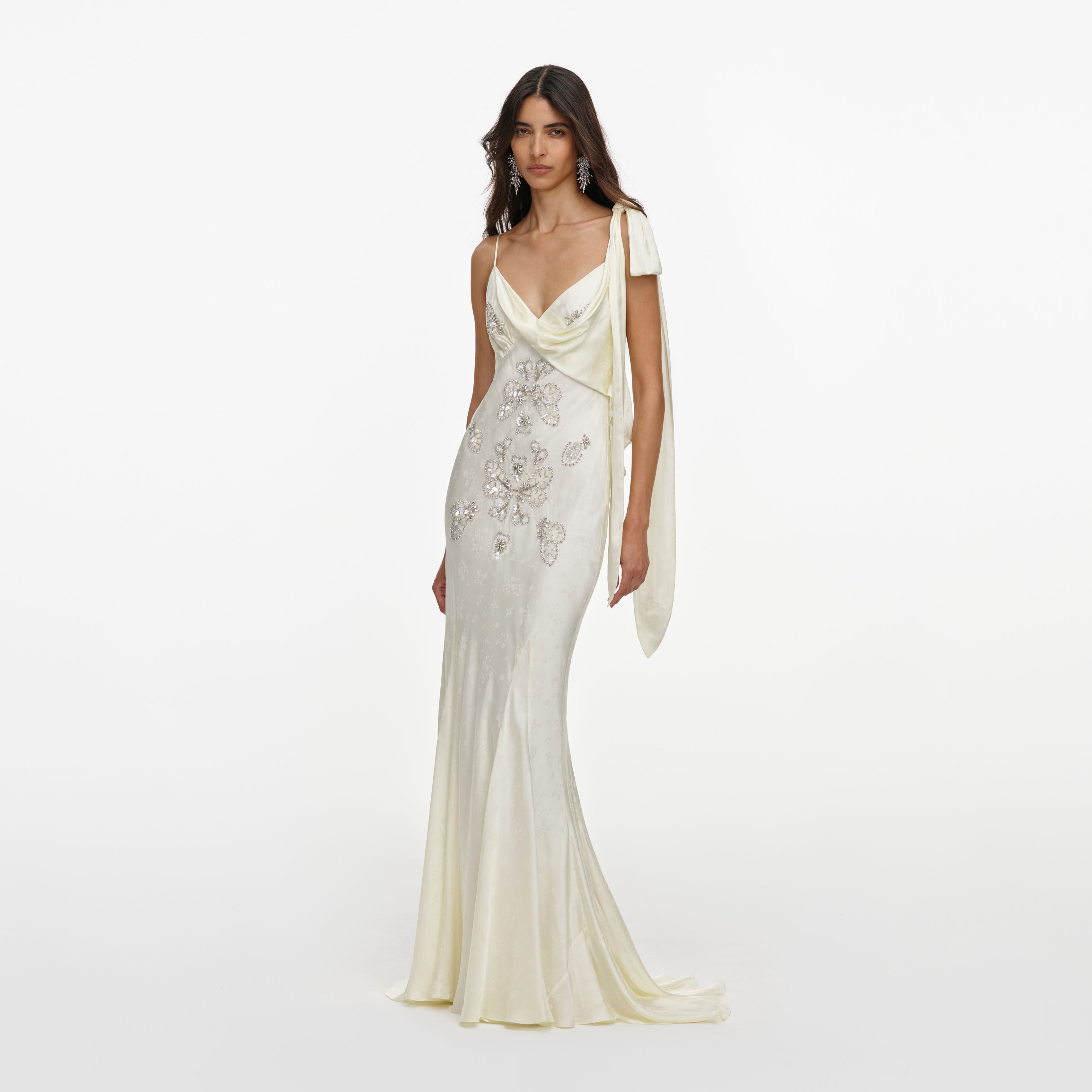 Self Portrait Cream Embellished Floral Maxikleid Creme Satin
