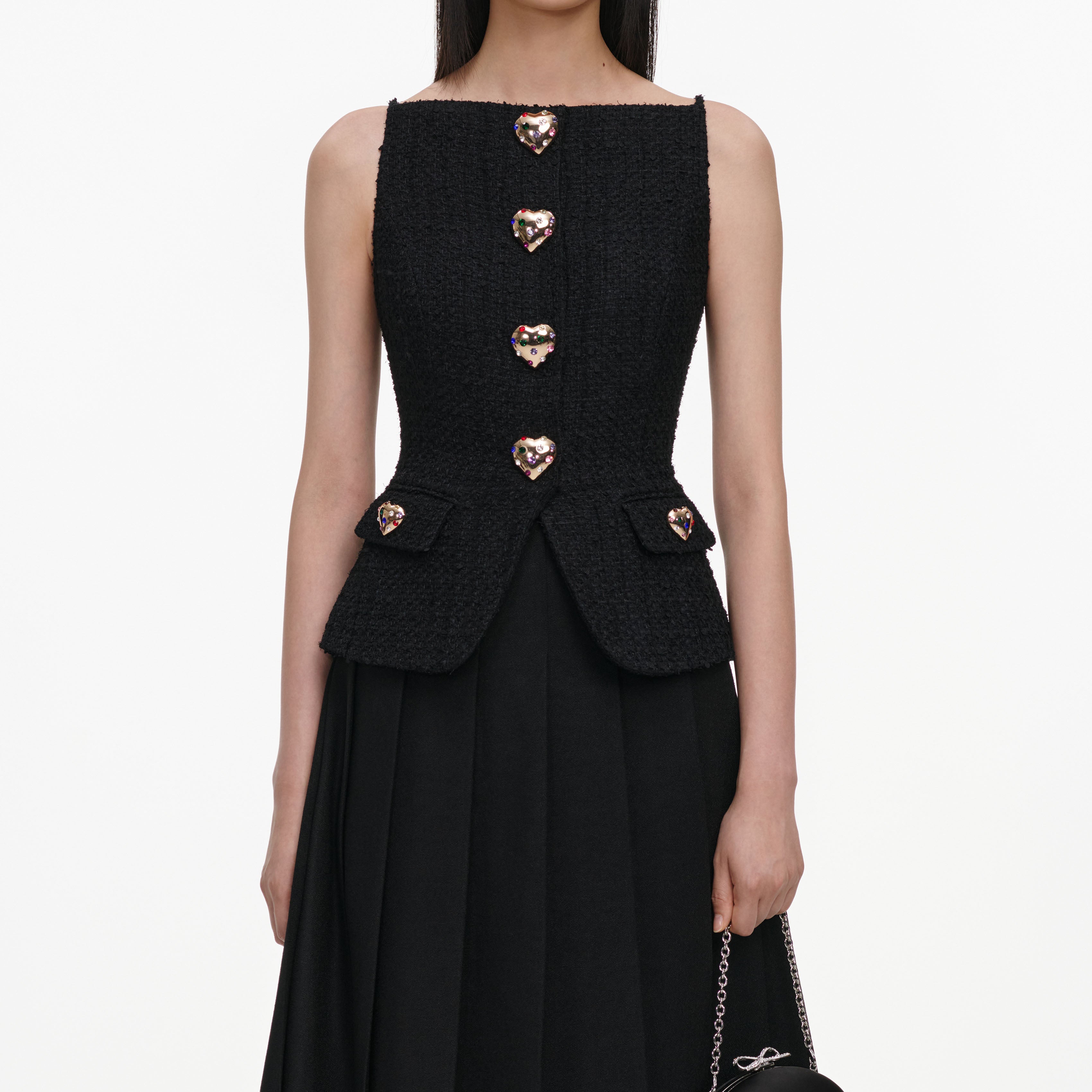 Self Portrait Black Boucle Crepe Midi Kleid Schwarz Knopf