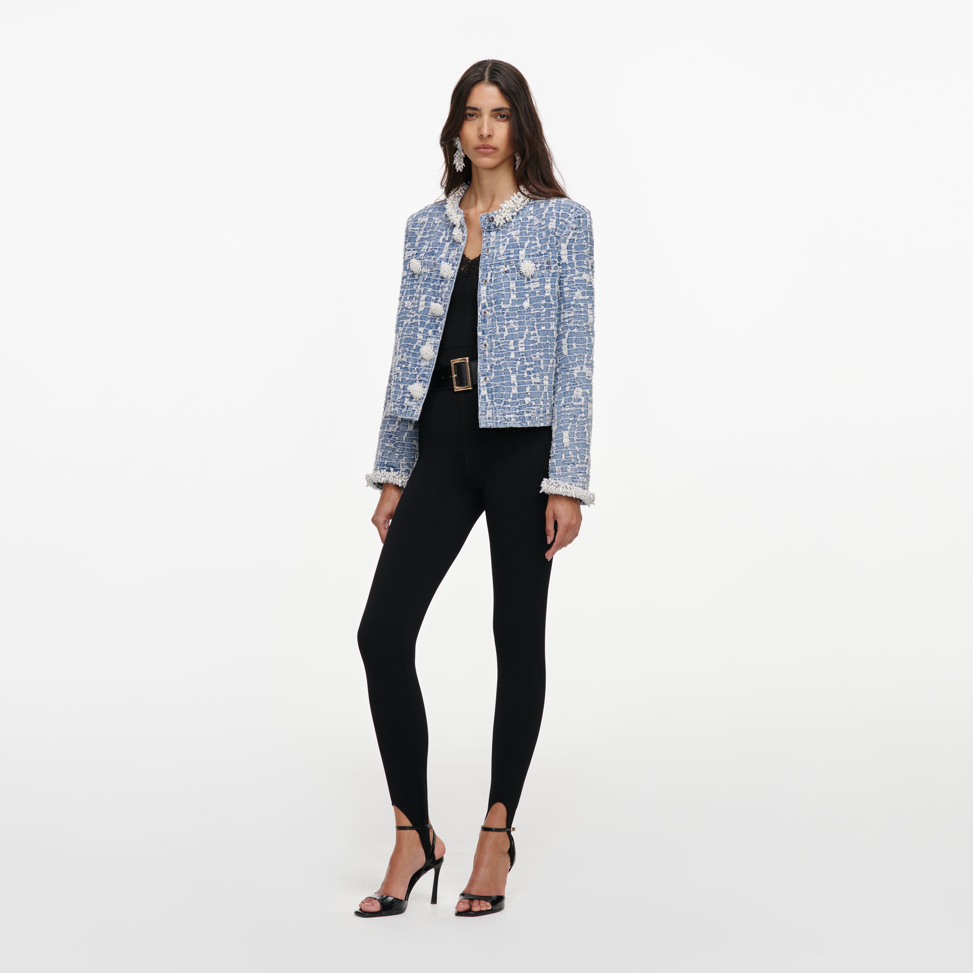 Self Portrait Blue Textured Denim Jacke Blau UK 8 Perlen