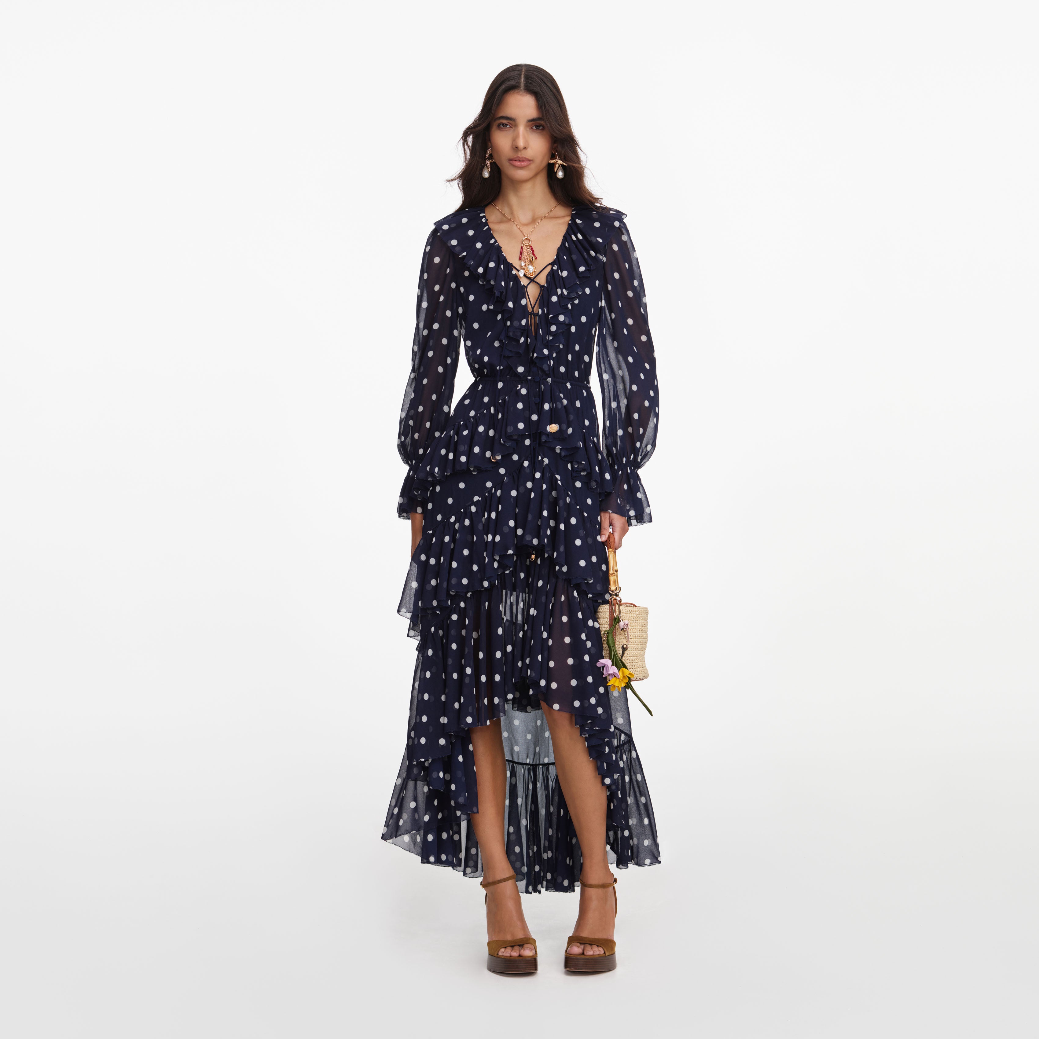 Self Portrait Polka Dot Georgette Maxikleid Navy Punkte
