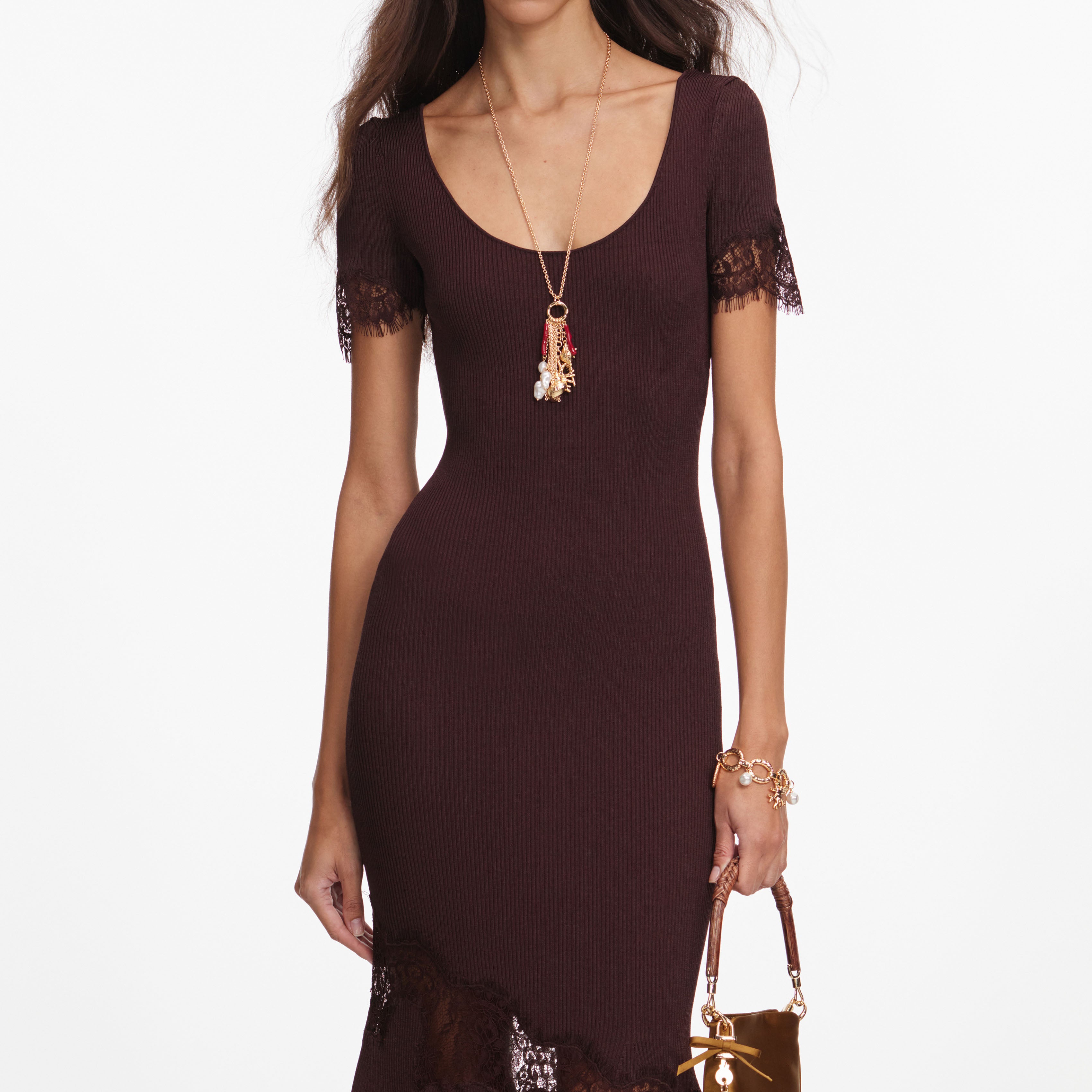 Self Portrait Brown Ribbed Knit Midi Kleid Braun Spitze
