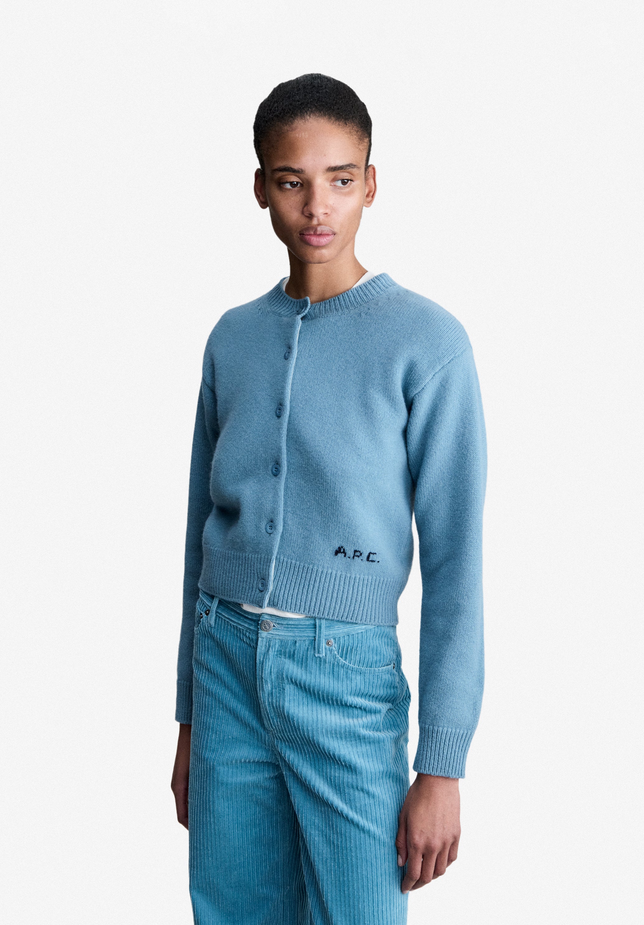 A.P.C. Wollcardigan kurz graublau V-Ausschnitt S-XL