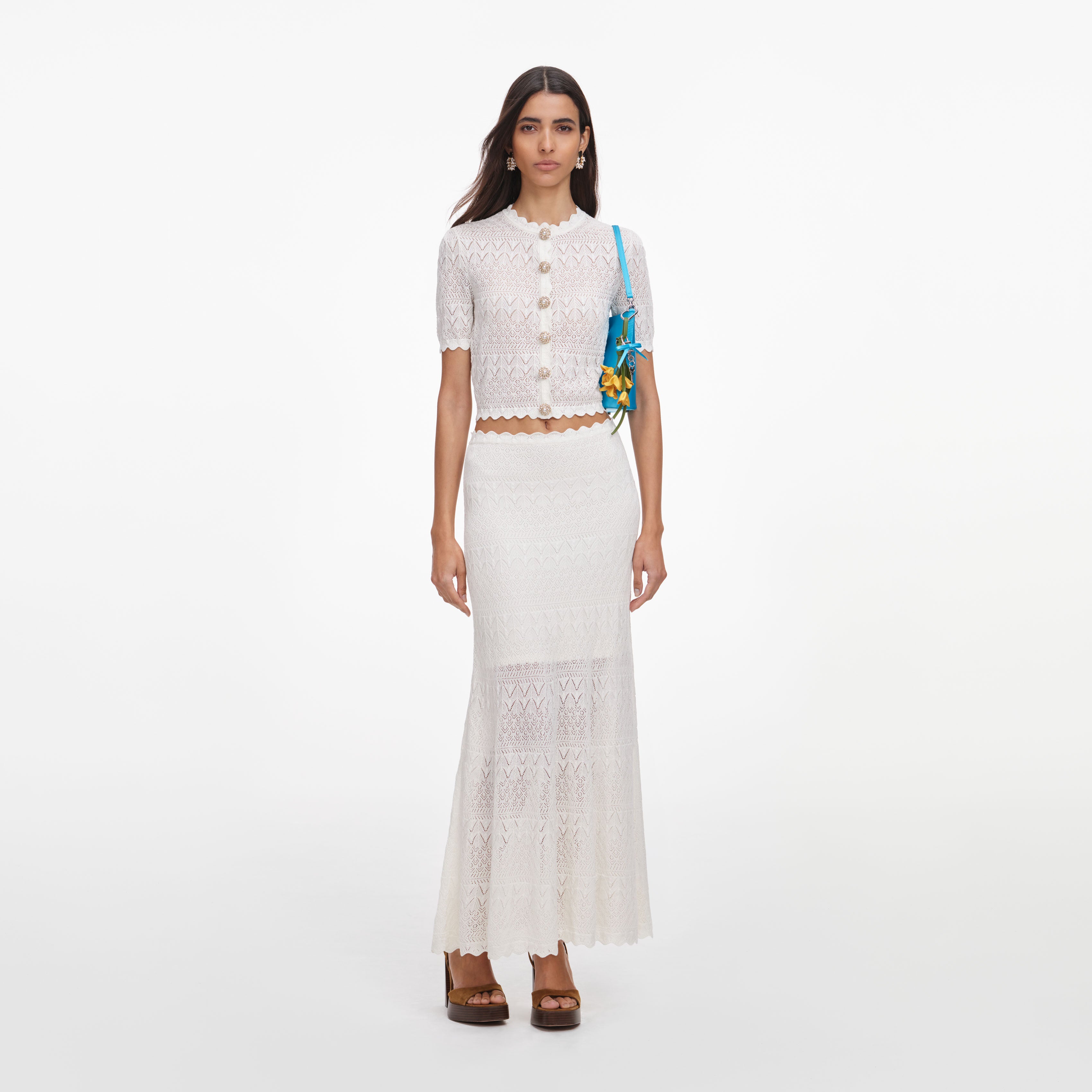 Self Portrait White Pointelle Knit Midi Rock Weiß S Strick