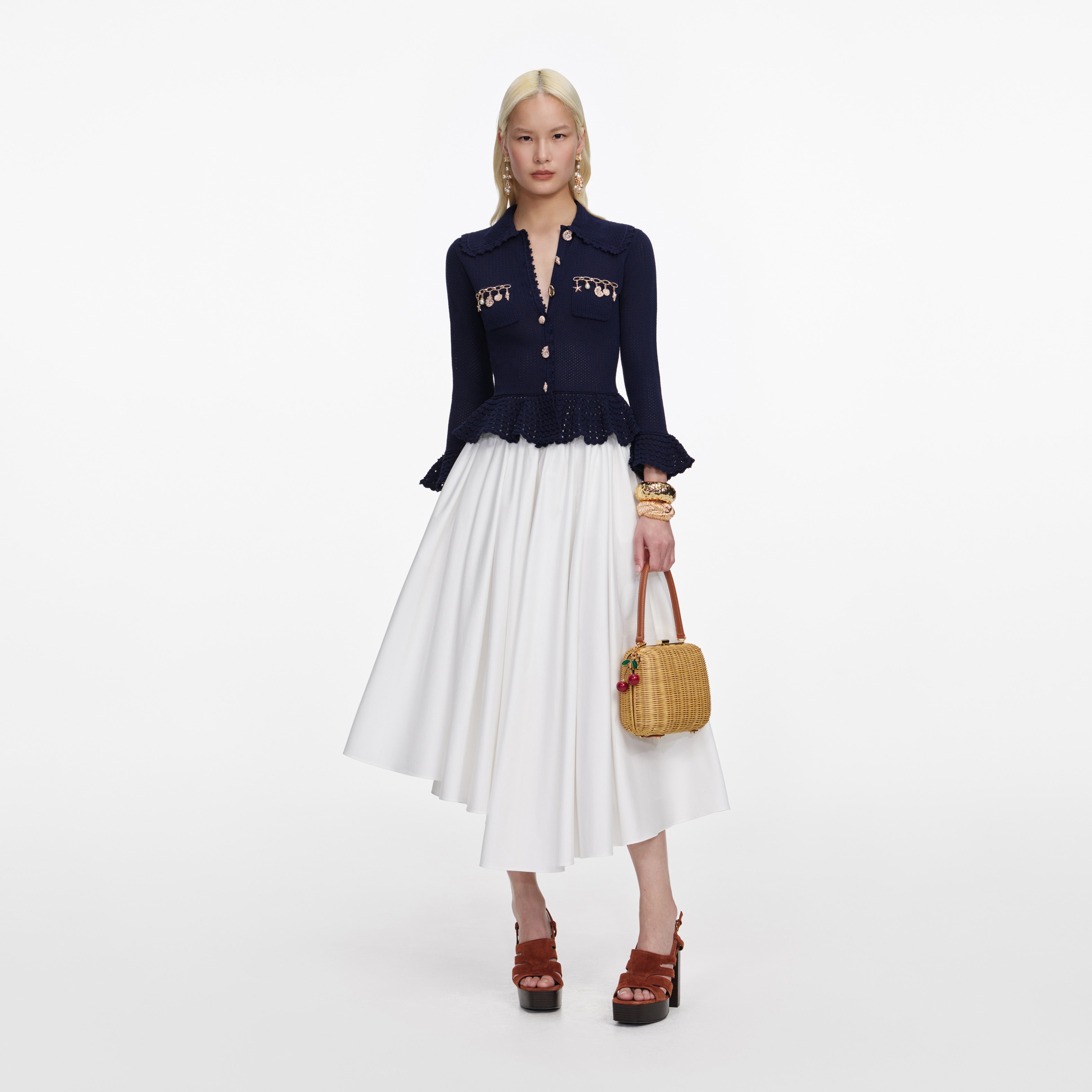 Self Portrait Navy Shell Embellished Cardigan Marine