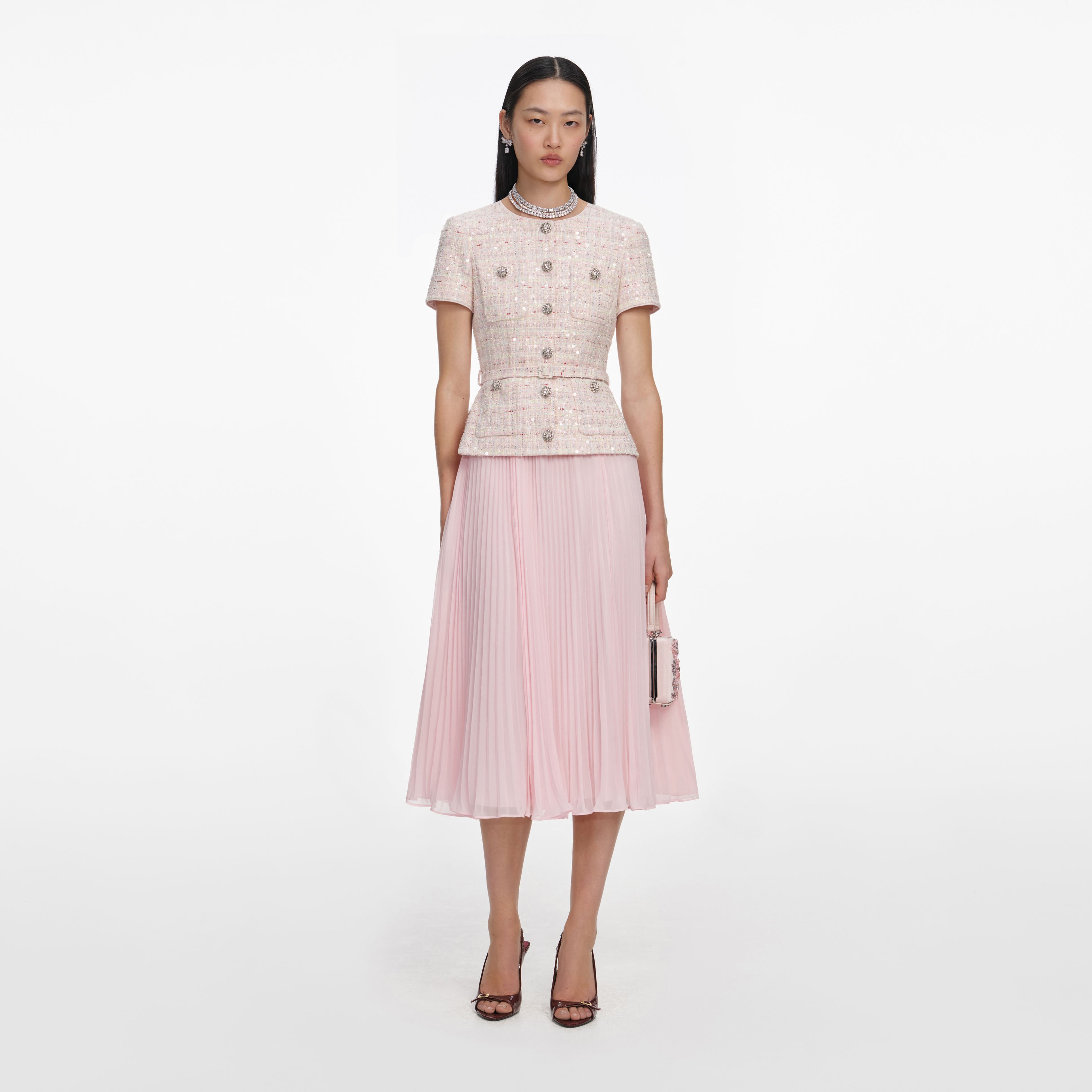 Self-Portrait Pink Sequin Boucle Midi Kleid rosa tailliert