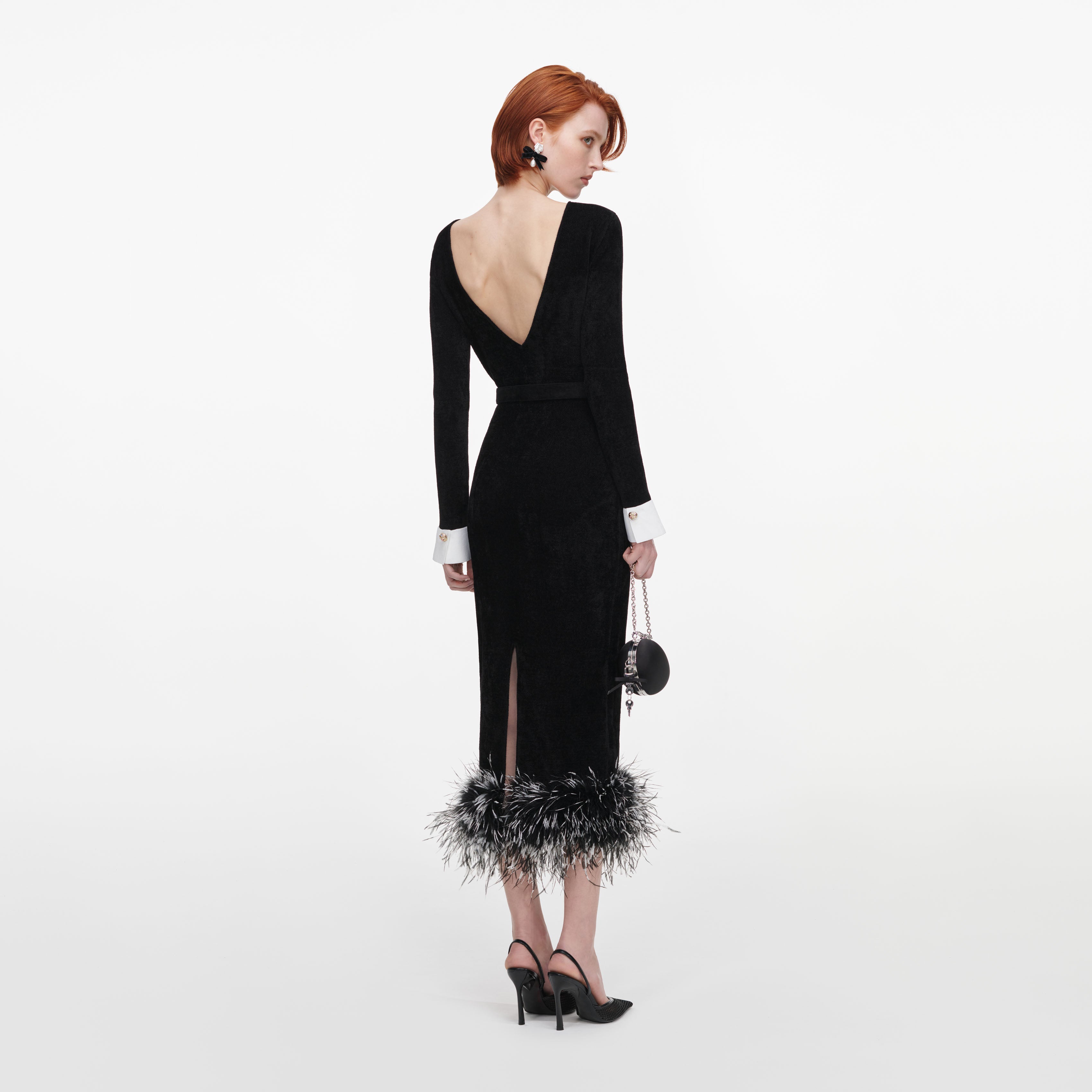 Self Portrait Black Chenille Feather Midikleid Schwarz S
